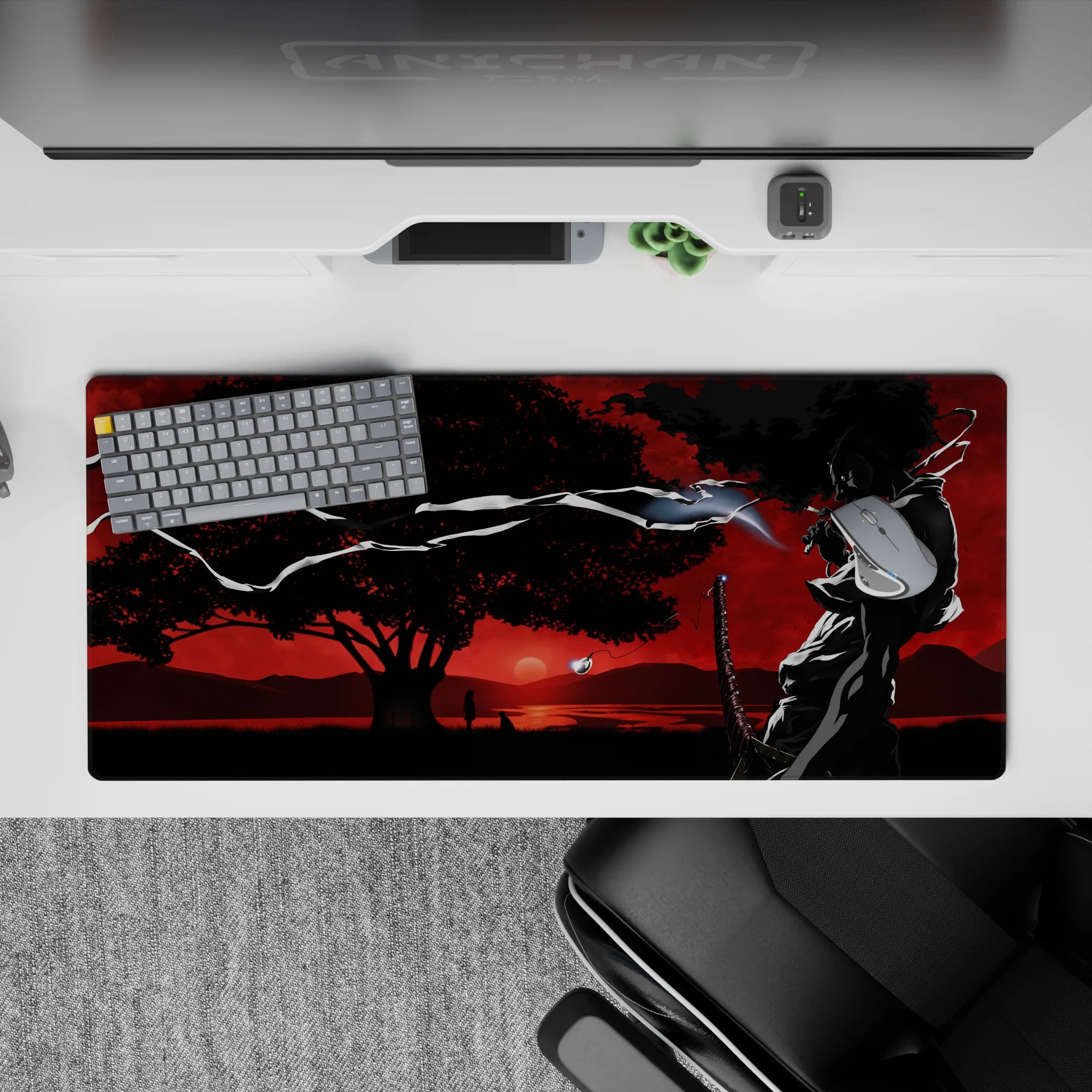 Noir anime desk pad 36x16 inches in deep blacks and blood-red haze with smoky gradients and wind.