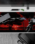 Noir anime desk pad 40x20 inches in deep blacks and blood-red sky, smoky gradients, tense calm vibe.