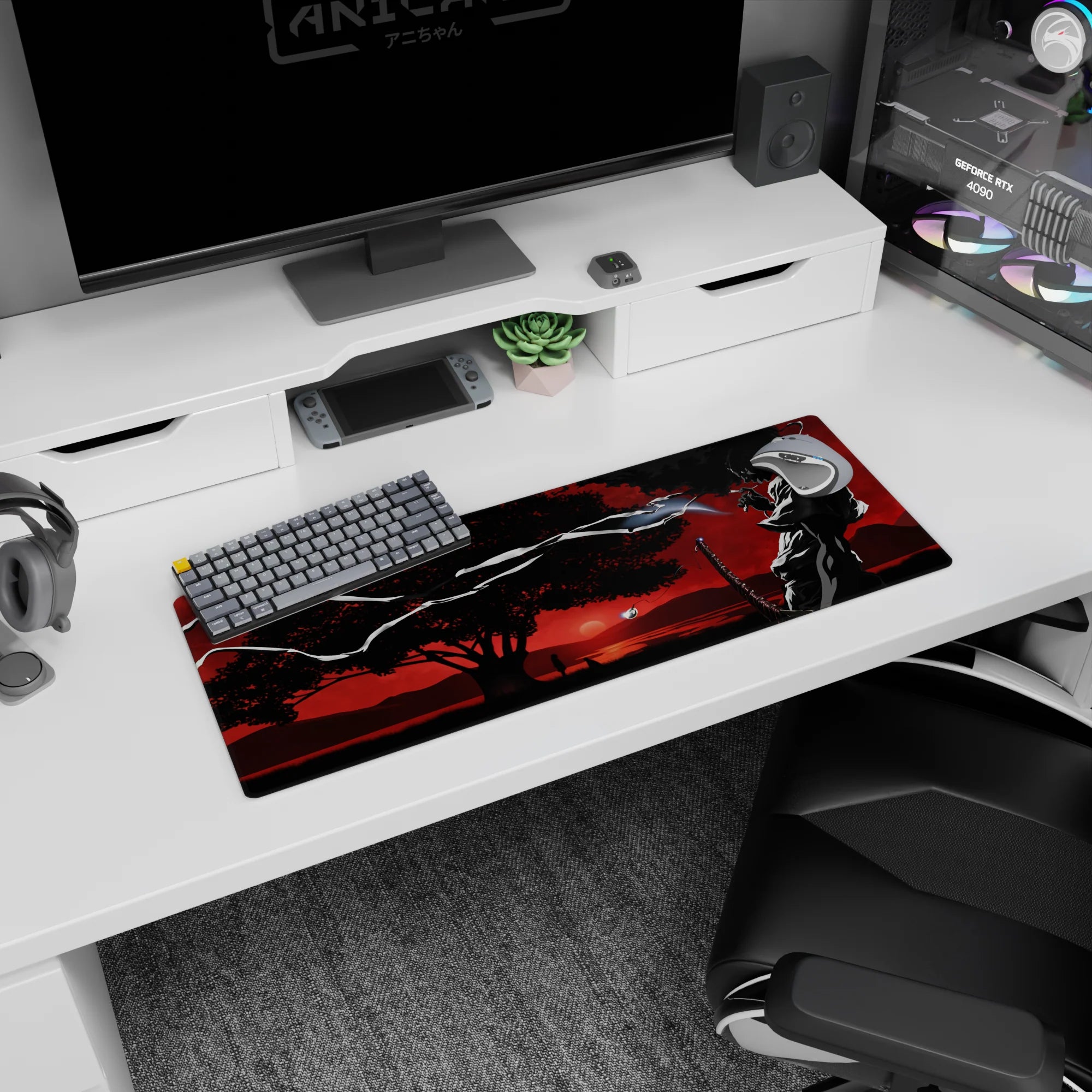 32x12 inches anime mouse pad showing a lone katana swordsman by water under swirling wind and a wide tree.