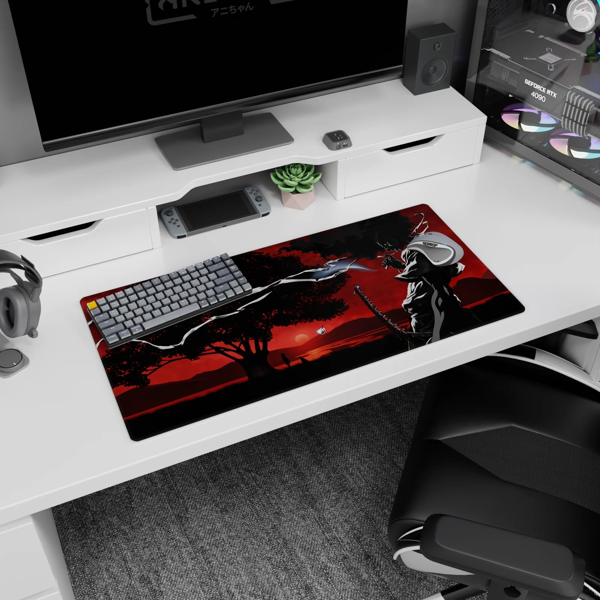 32x16 inches anime mouse pad showing a lone samurai silhouette by water, katana ready, wind ribbons curling.