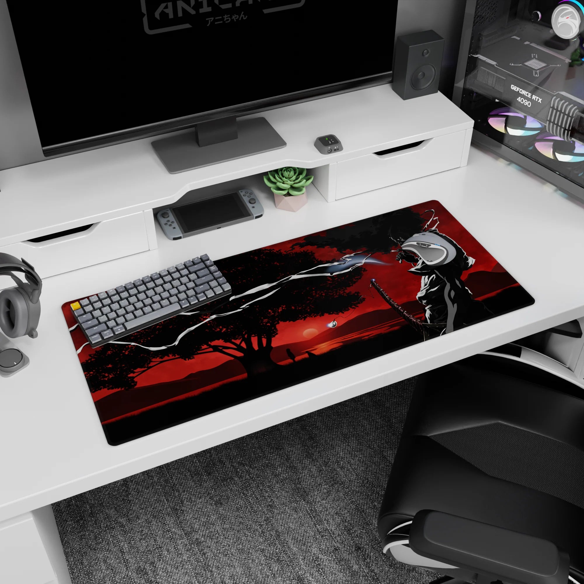 Samurai silhouette by water on an anime desk pad 36x16 inches, katana ready under a red sky.