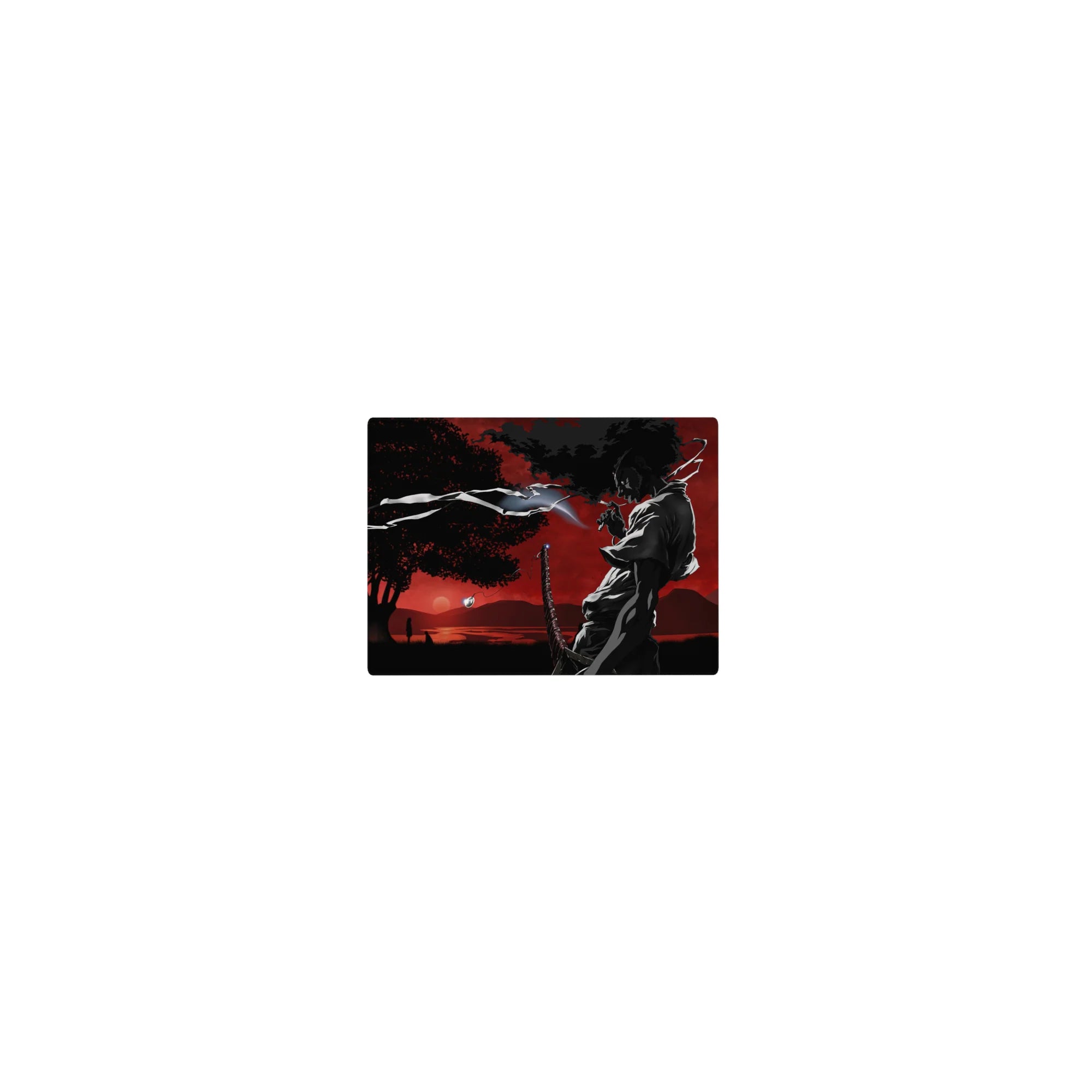 Classic anime mouse pad 14x10 inches with silhouetted swordsman, katana, wind ribbons, and lone tree.