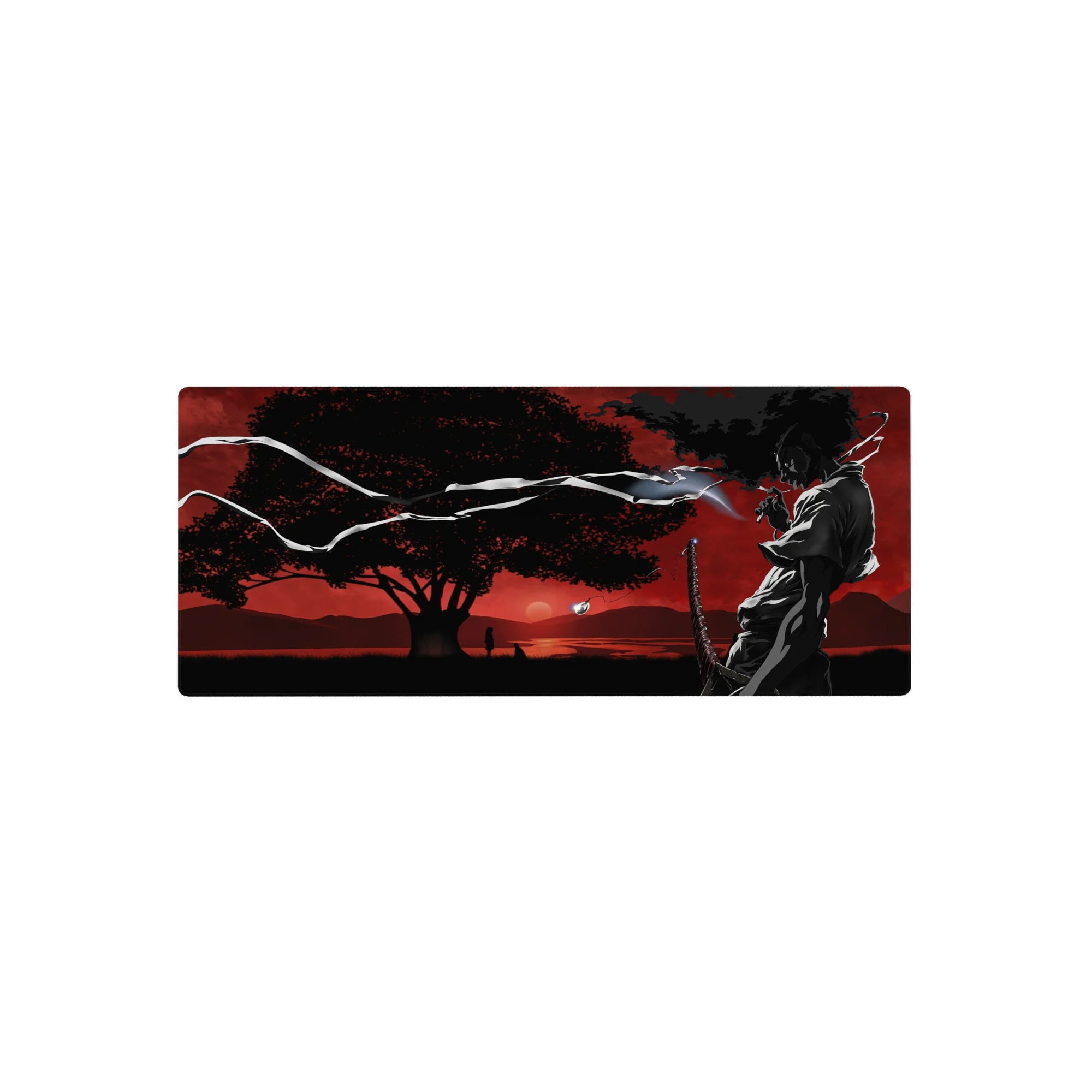 28x12 inches anime mouse pad with silhouetted swordsman, katana, wind ribbons, red sky, and tree.