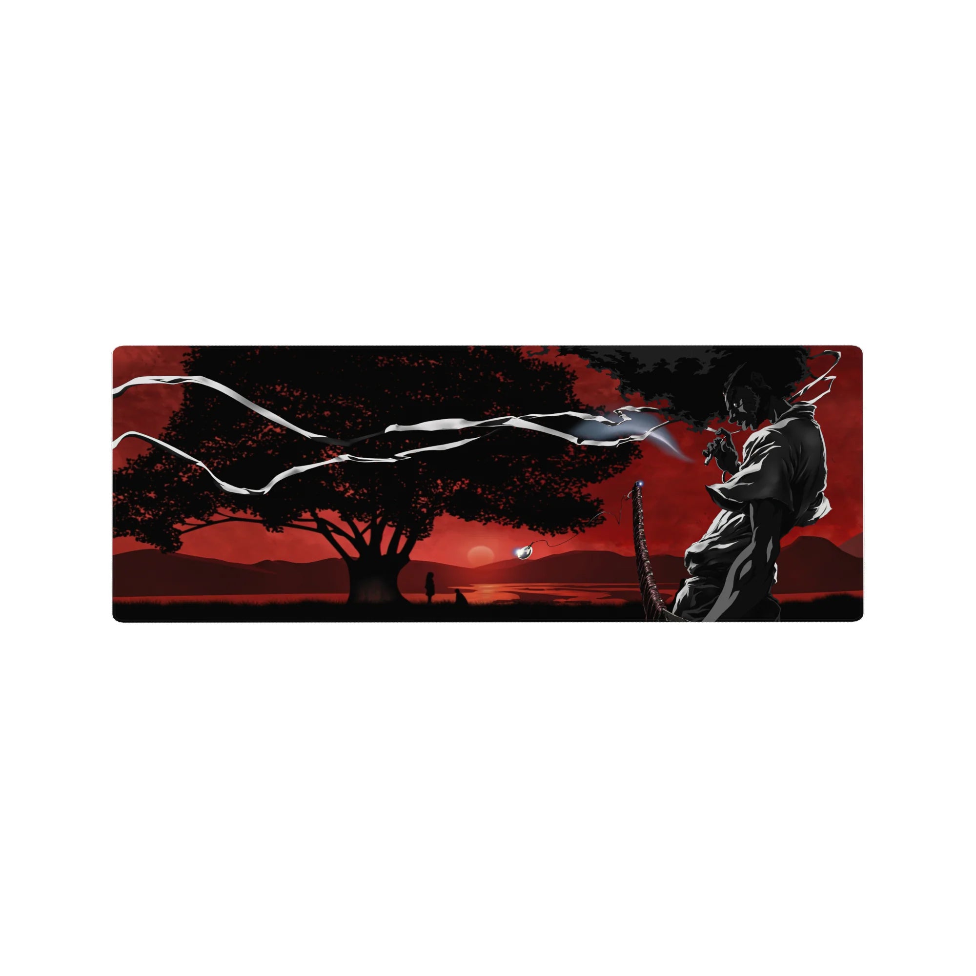 32x12 inches anime mouse pad with silhouetted swordsman, katana, wind ribbons, red sky, and tree.