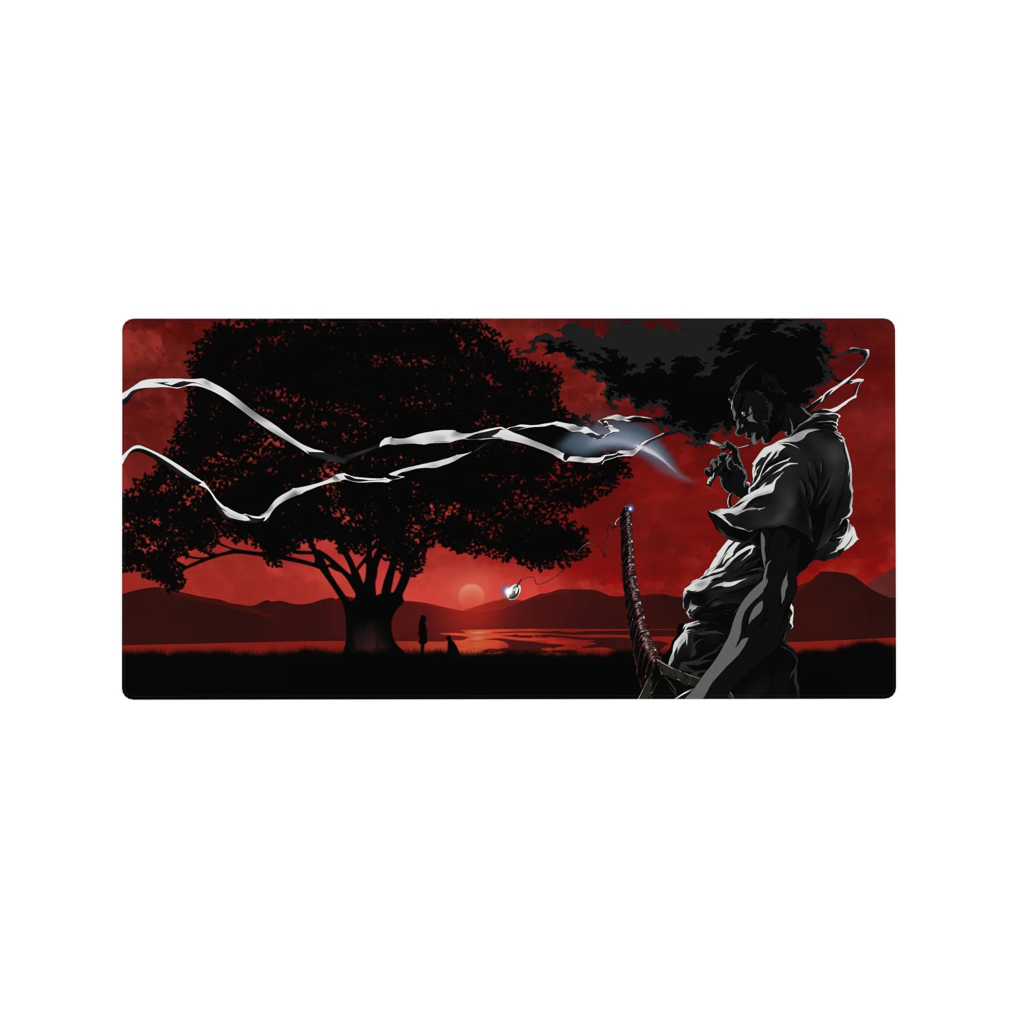 32x16 inches anime mouse pad with silhouetted swordsman, katana, wind ribbons, red sky, and lone tree.