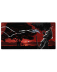 32x16 inches anime mouse pad with silhouetted swordsman, katana, wind ribbons, red sky, and lone tree.