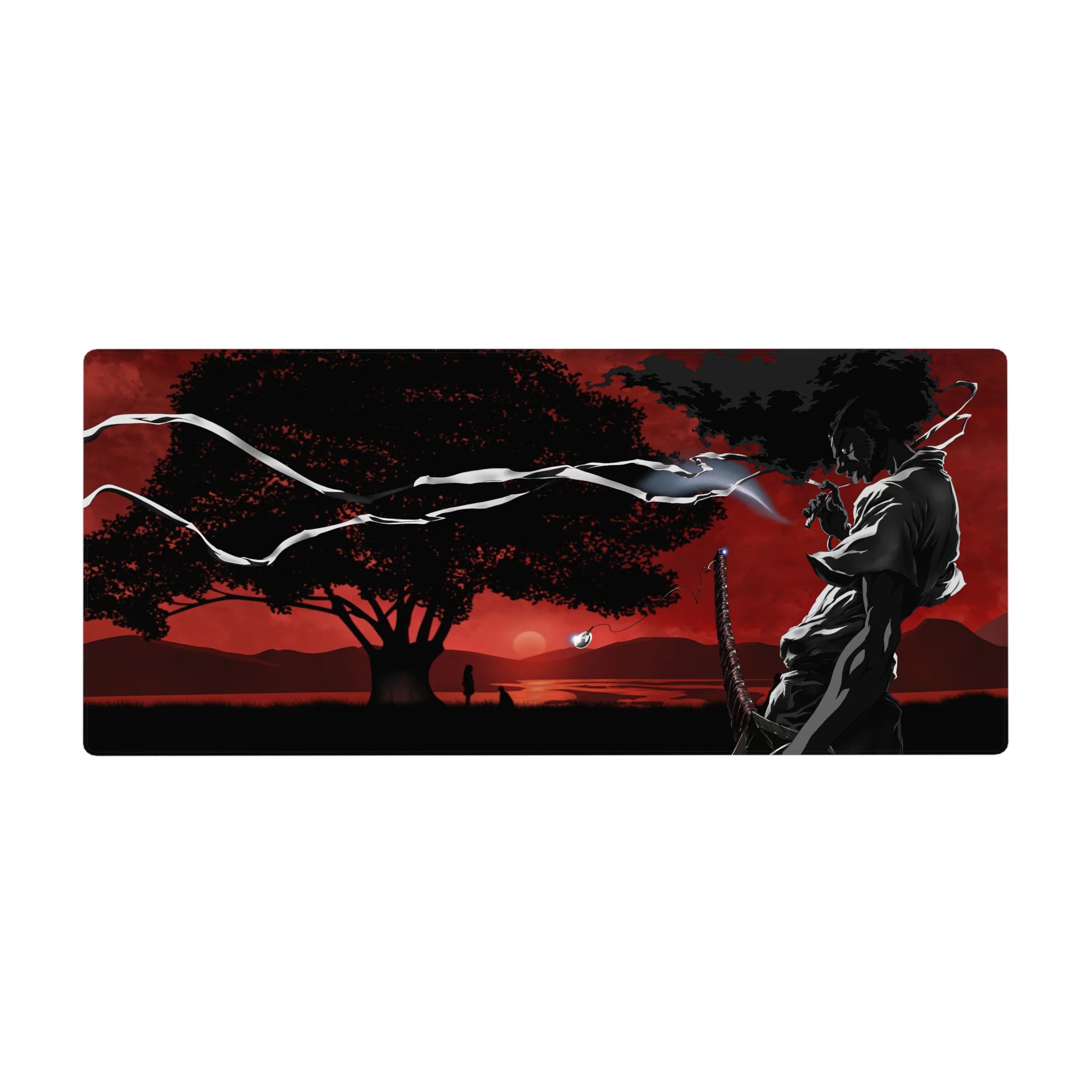 Anime desk pad 36x16 inches with silhouetted swordsman, katana, wind ribbons, red sky, and tree.