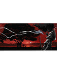 Anime desk pad 36x16 inches with silhouetted swordsman, katana, wind ribbons, red sky, and tree.