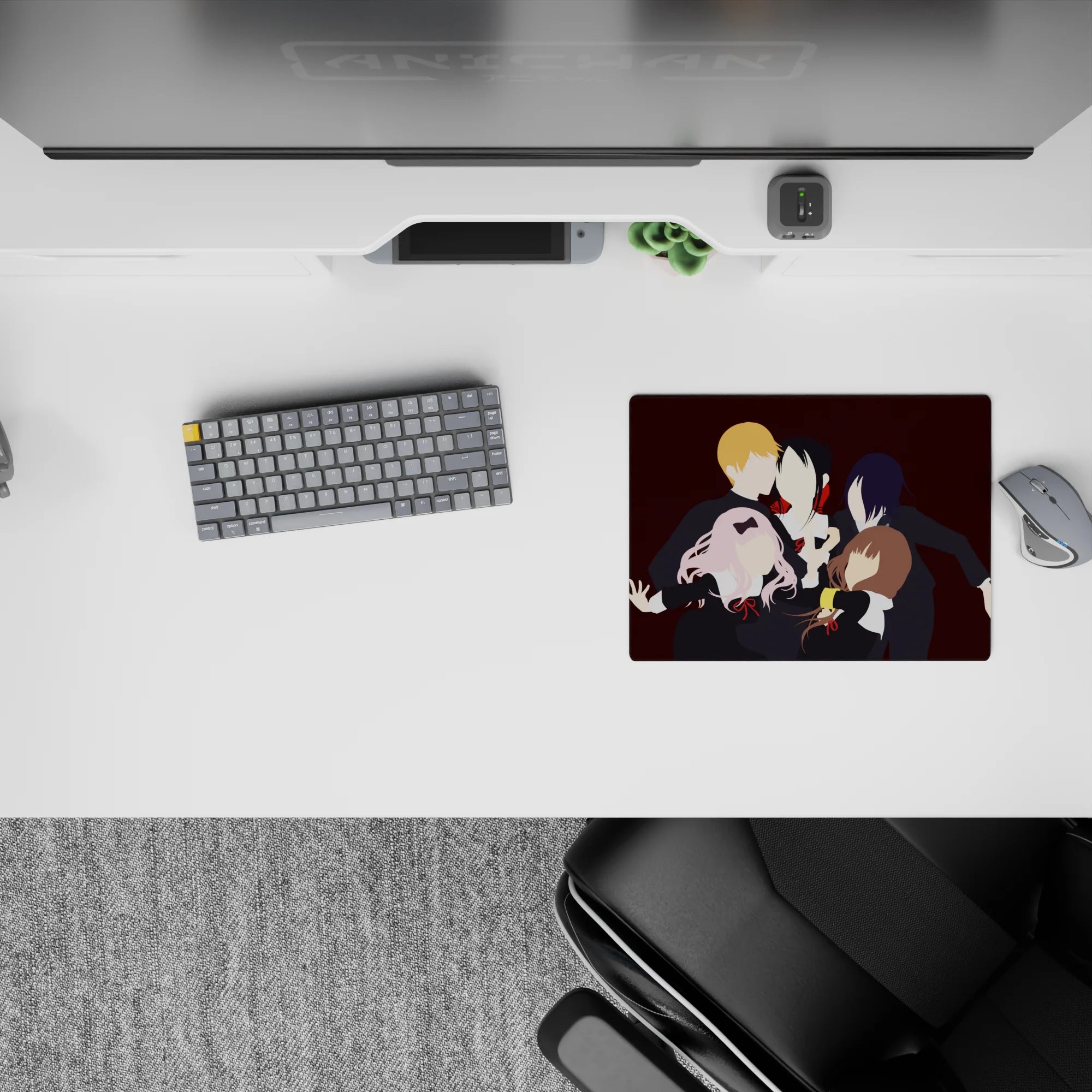 Wine-red backdrop anime mouse pad 14x10 inches, crisp white collars, red ribbons, cozy chaos vibe.
