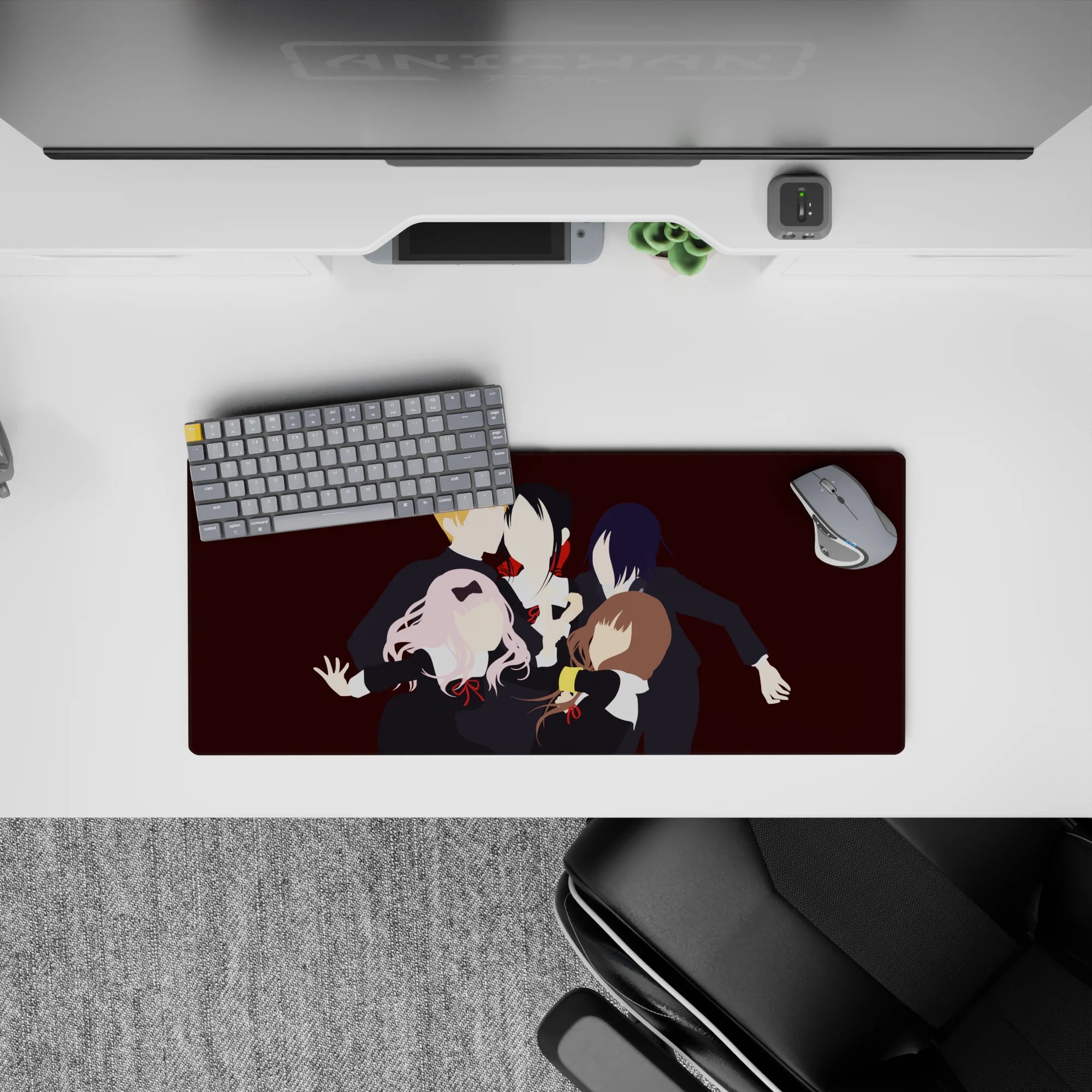 Cozy chaos anime mouse pad 28x12 inches in deep wine red, with crisp collars and bright ribbon accents.
