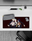 Cozy chaos anime mouse pad 28x12 inches in deep wine red, with crisp collars and bright ribbon accents.