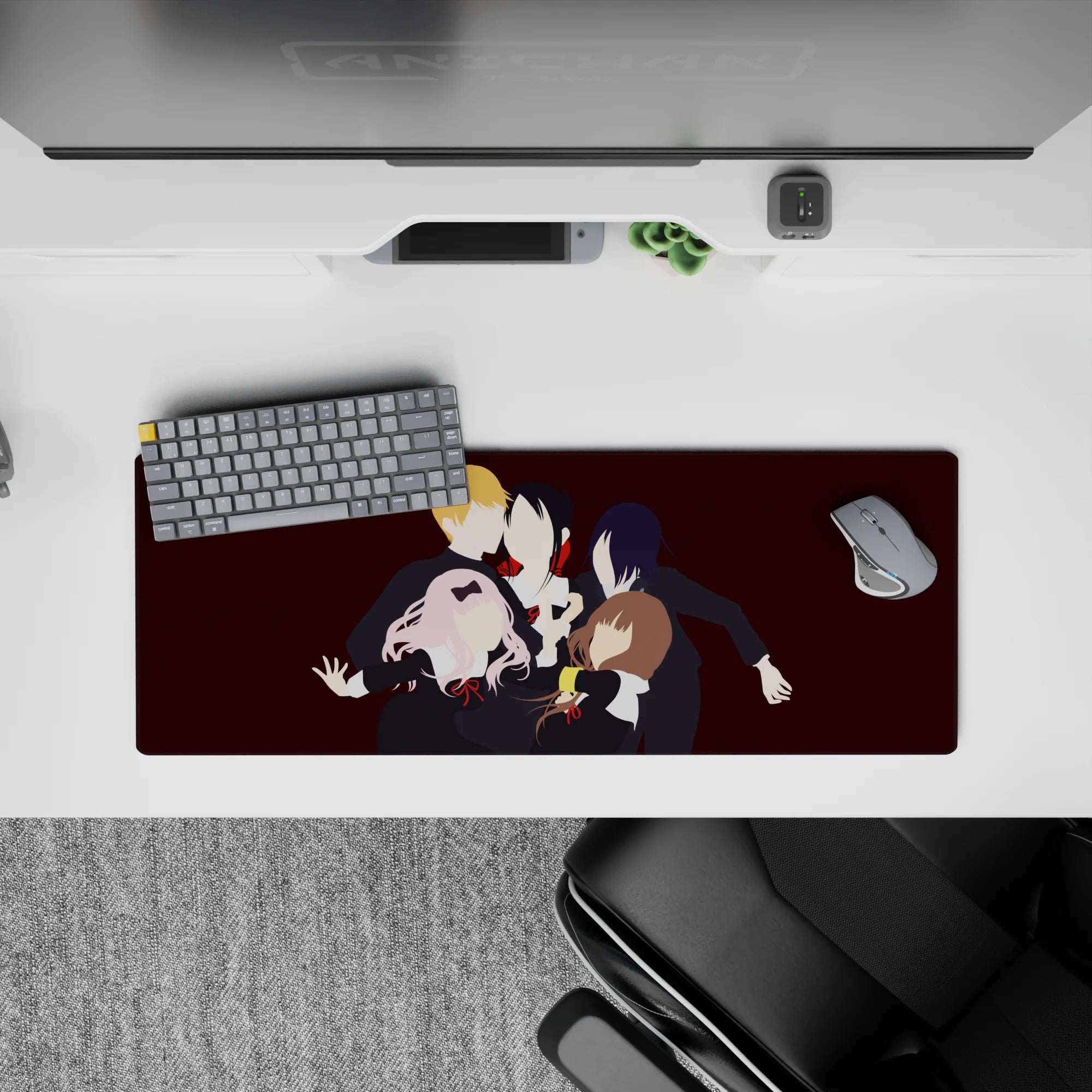 Wine-red anime mouse pad 32x12 inches, black uniforms, white collars, red ribbons, cozy late-night vibe.