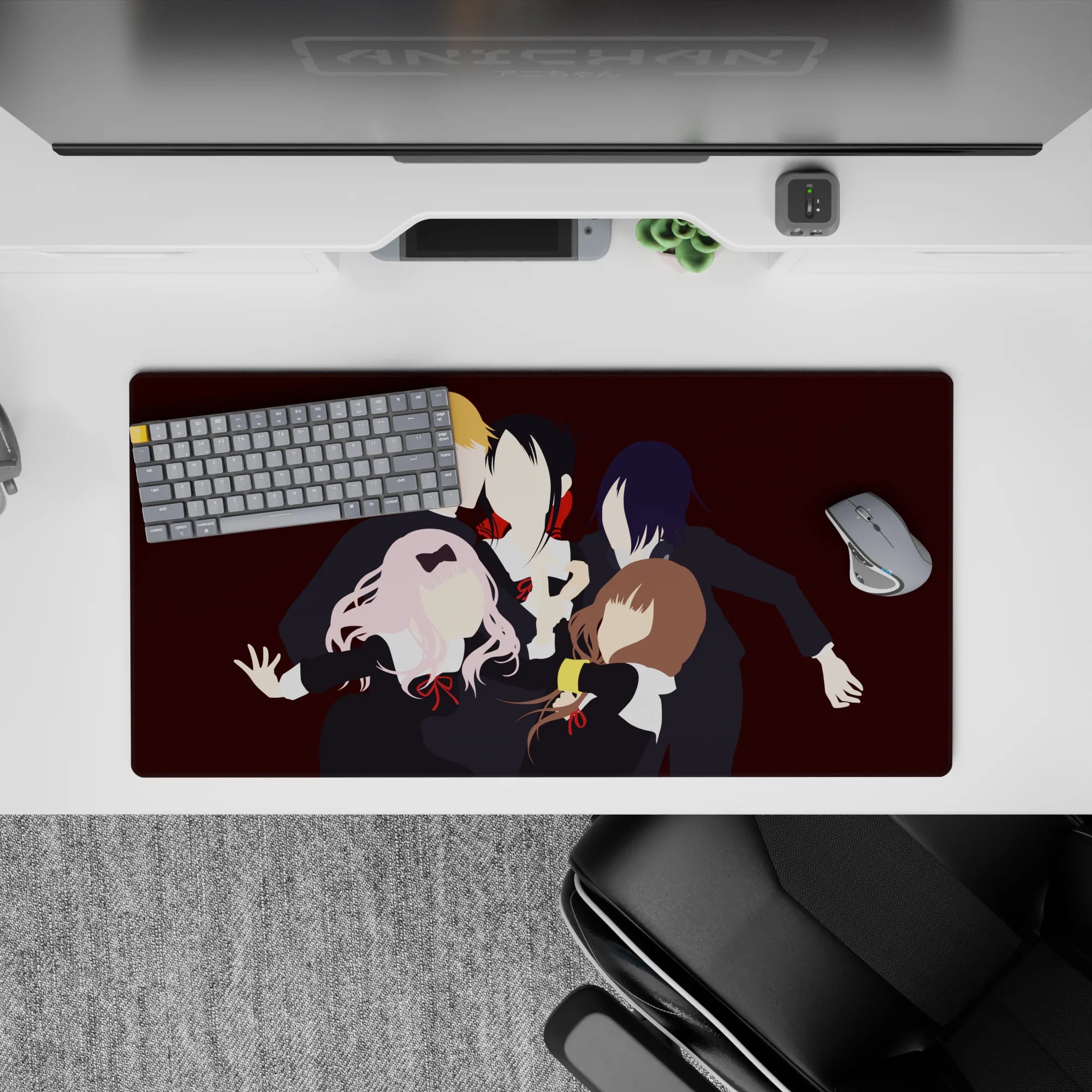 32x16 inches anime mouse pad in deep wine red with black uniforms, white collars, and red ribbons.