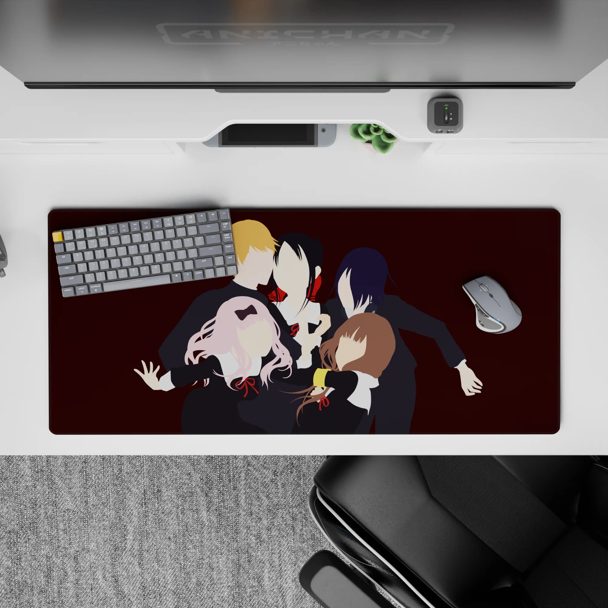 Wine-red anime desk pad 36x16 inches, black uniforms, white collars, red ribbons, cozy chaotic vibe.
