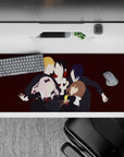 Wine-red anime desk pad 36x16 inches, black uniforms, white collars, red ribbons, cozy chaotic vibe.