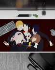 Cozy-chaos anime desk pad 40x20 inches in wine red, black and white, with bright hair accents and ribbons.