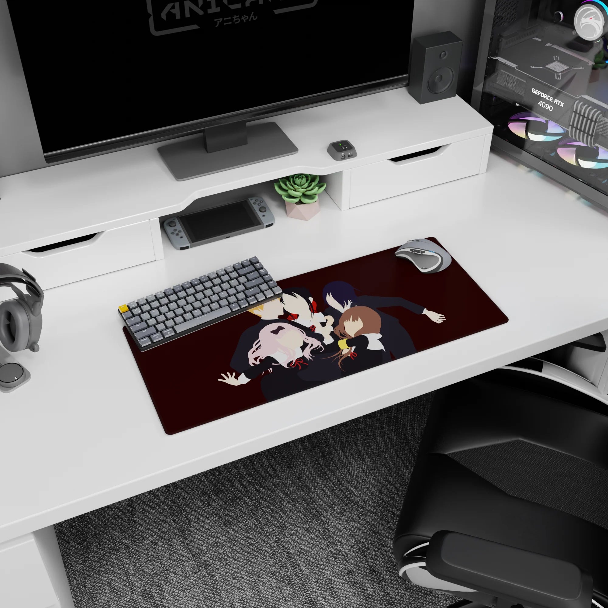 Secret-club scene anime mouse pad 28x12 inches showing five faceless silhouettes with colorful hair layers.