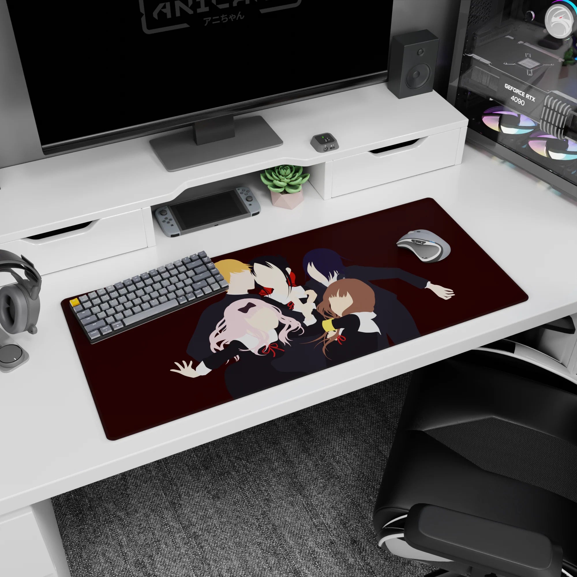 36x16 inches anime desk pad showing a faceless five-girl club photo, colorful hair and crisp uniforms.