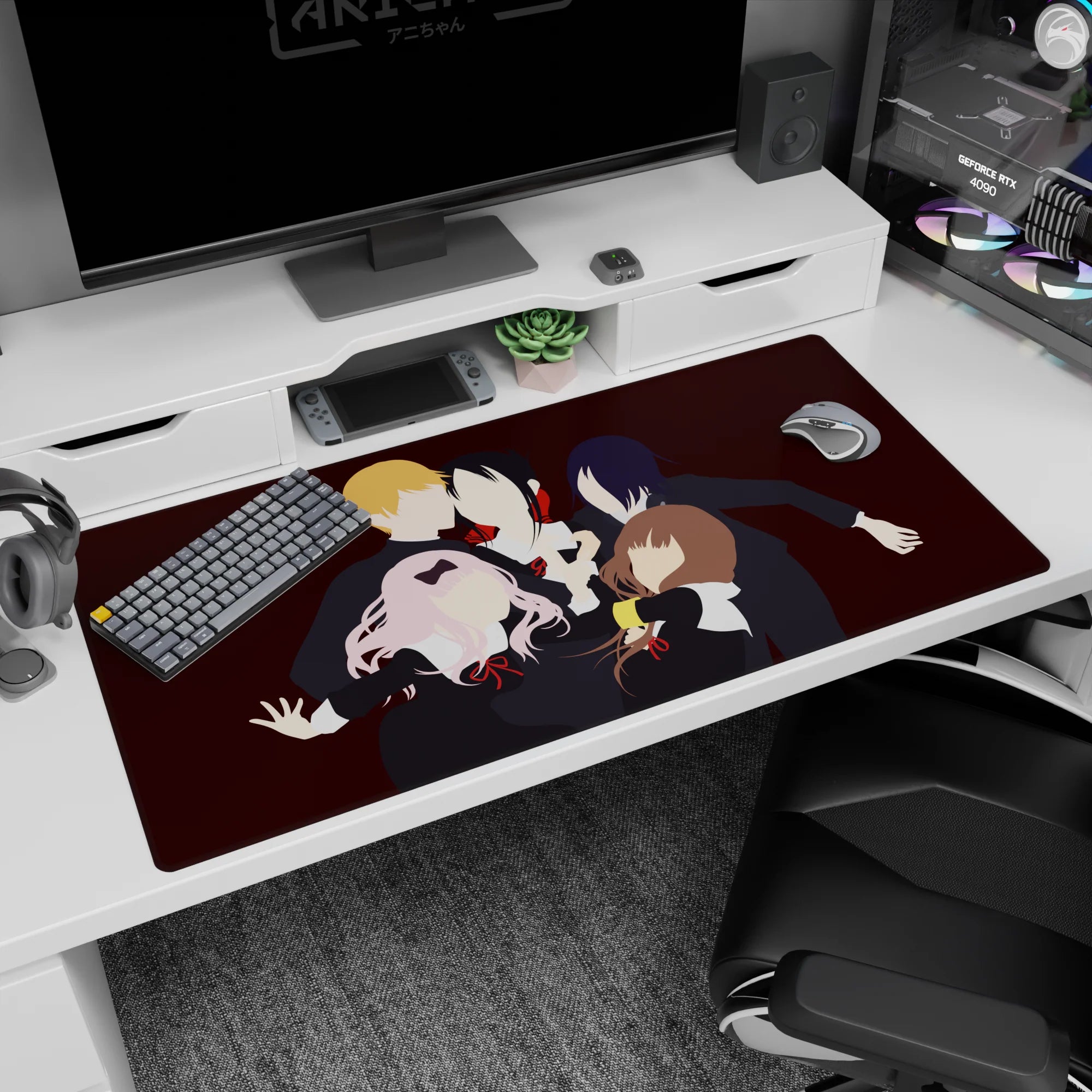 Five faceless uniformed silhouettes like a secret club photo on an anime desk pad 40x20 inches.
