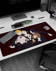 Five faceless uniformed silhouettes like a secret club photo on an anime desk pad 40x20 inches.