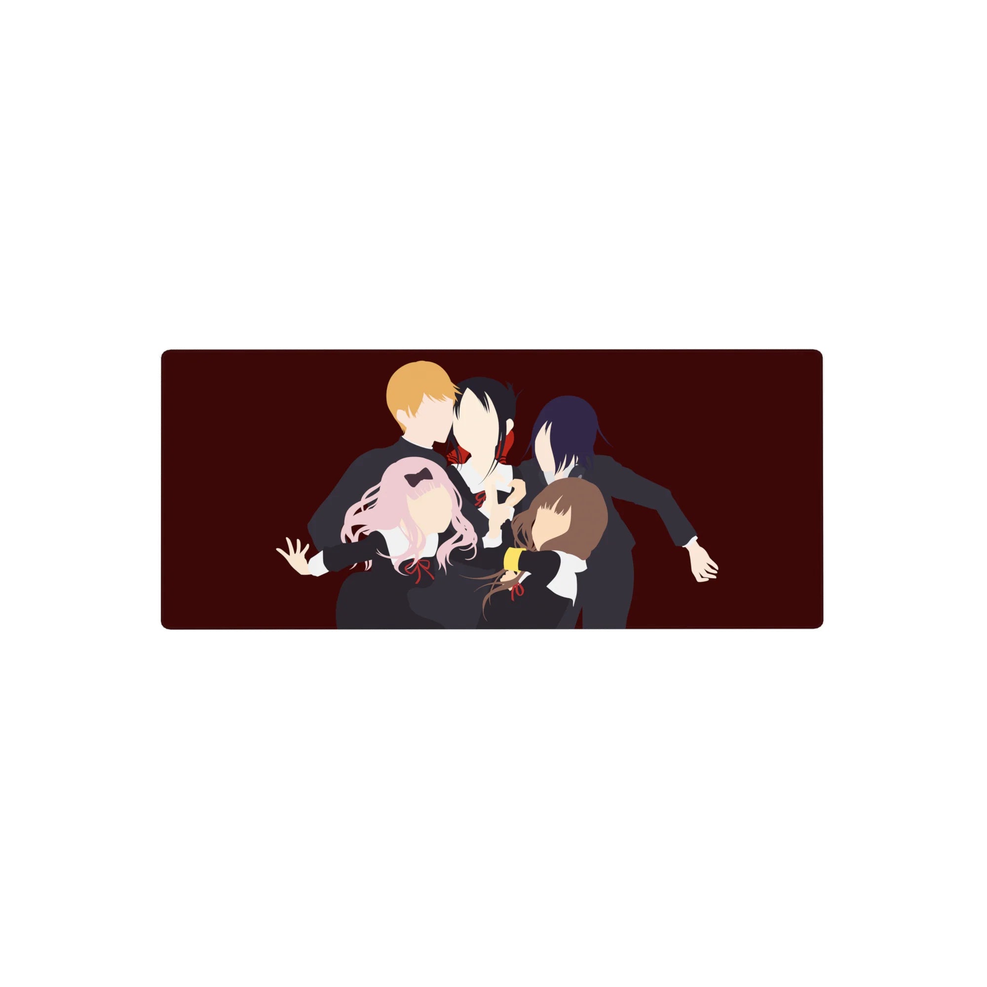 Anime mouse pad 28x12 inches with five faceless schoolgirls in black uniforms on a wine-red backdrop.