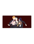 Anime mouse pad 28x12 inches with five faceless schoolgirls in black uniforms on a wine-red backdrop.