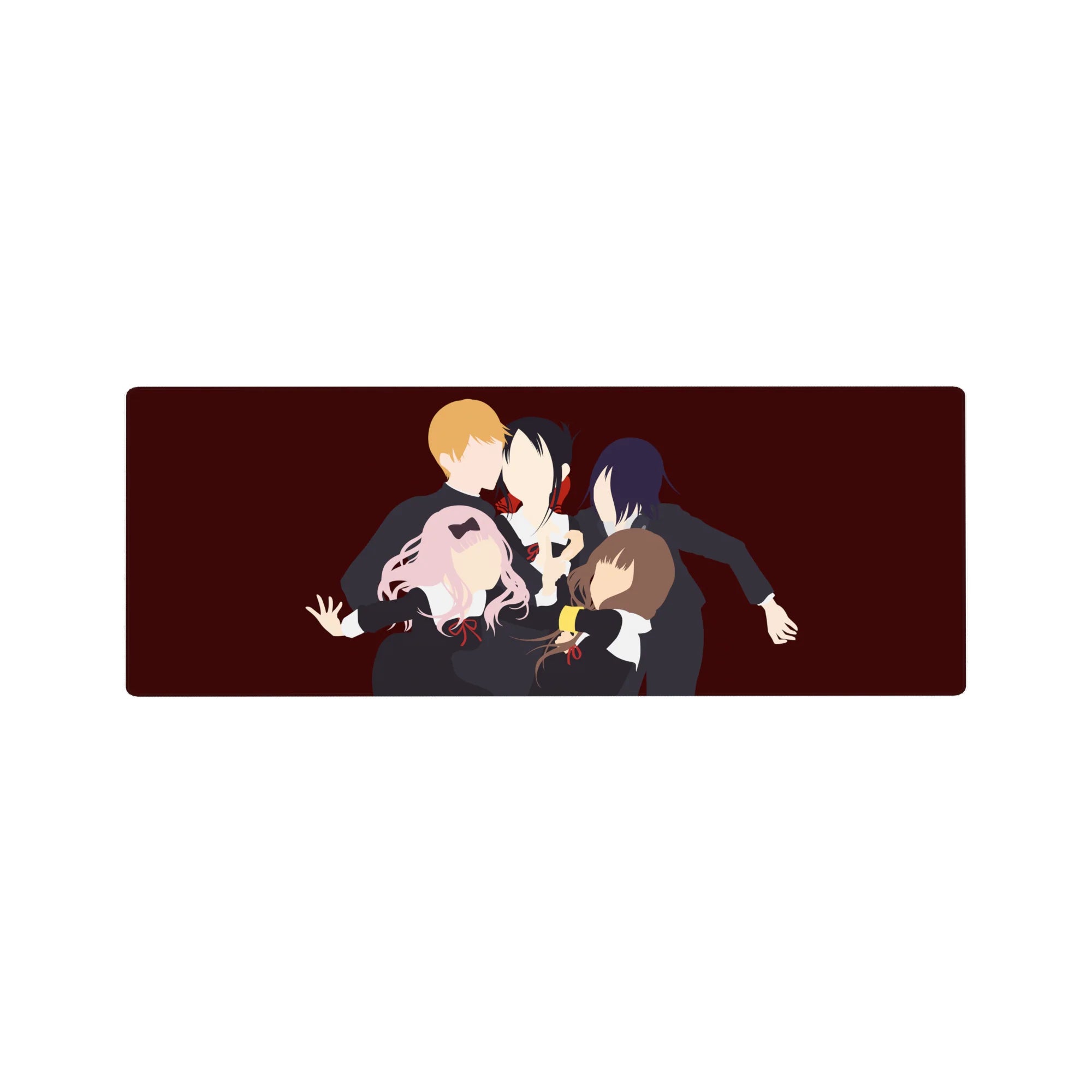 Anime mouse pad 32x12 inches with five faceless school silhouettes on a wine-red minimalist backdrop.