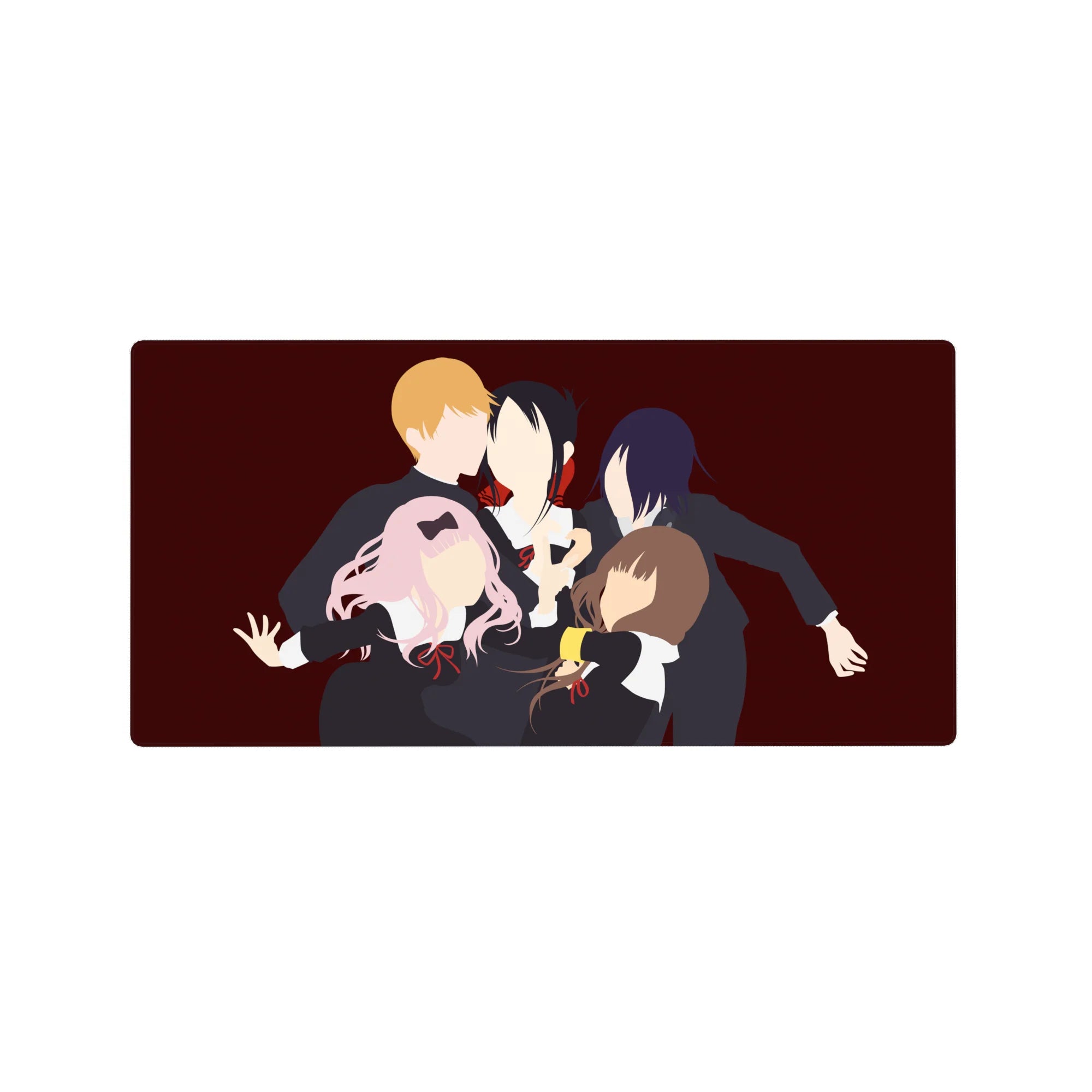 32x16 inches anime mouse pad with five faceless schoolgirls on wine-red background, minimalist print.