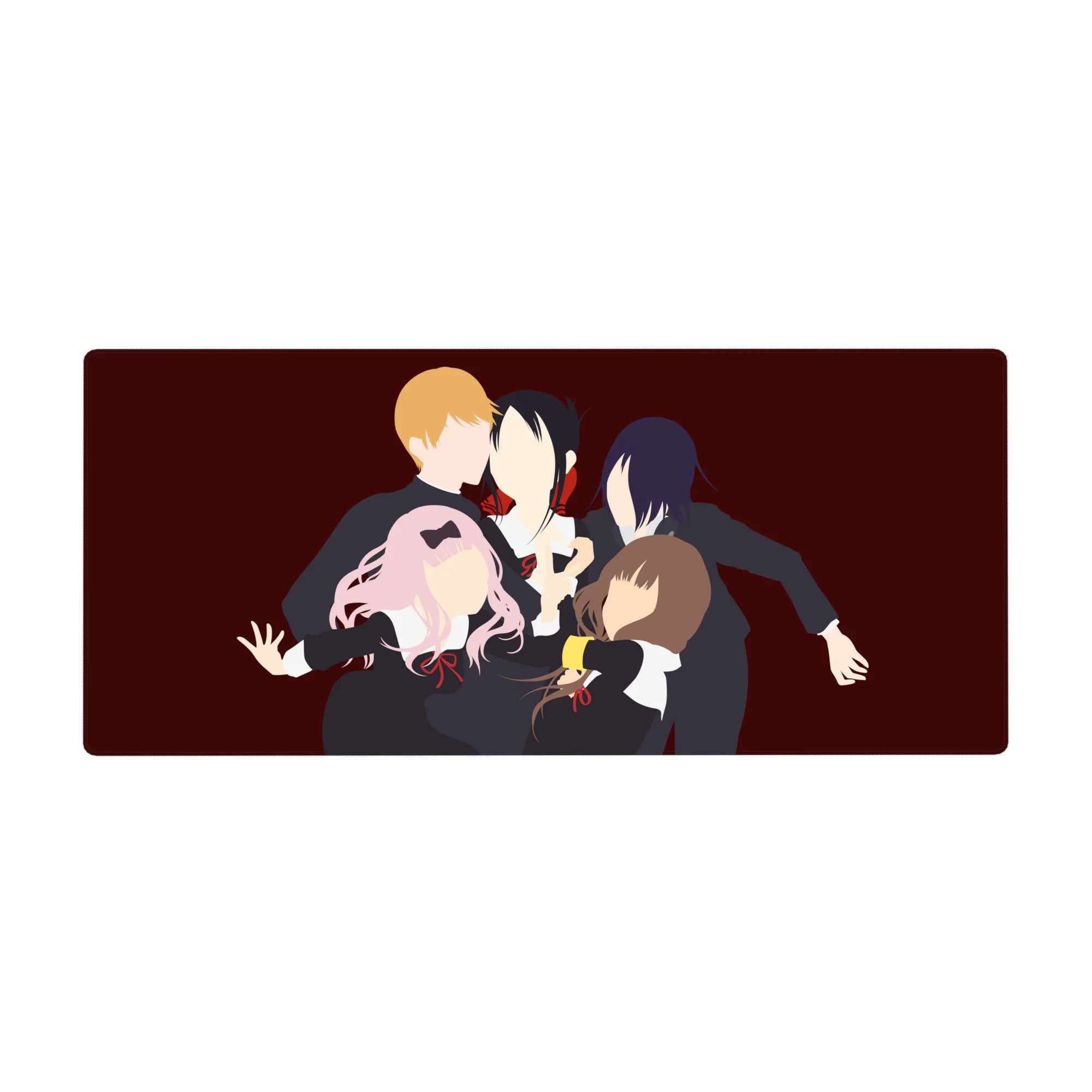 Anime desk pad 36x16 inches with five faceless schoolgirls on a wine-red backdrop, minimalist group print.