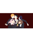 Anime desk pad 36x16 inches with five faceless schoolgirls on a wine-red backdrop, minimalist group print.