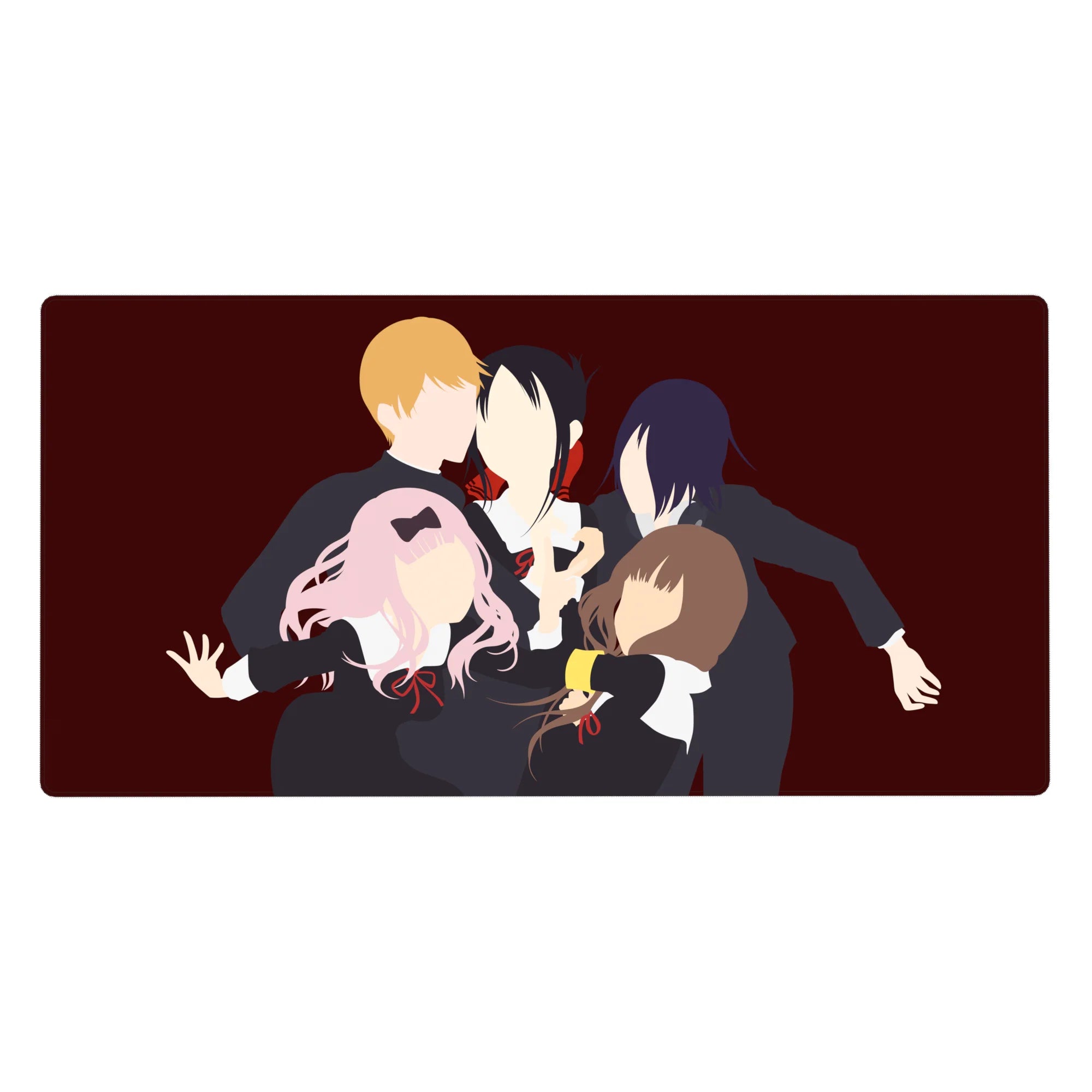 Anime desk pad 40x20 inches with five faceless schoolgirls in black uniforms on a wine-red background.