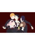 Anime desk pad 40x20 inches with five faceless schoolgirls in black uniforms on a wine-red background.
