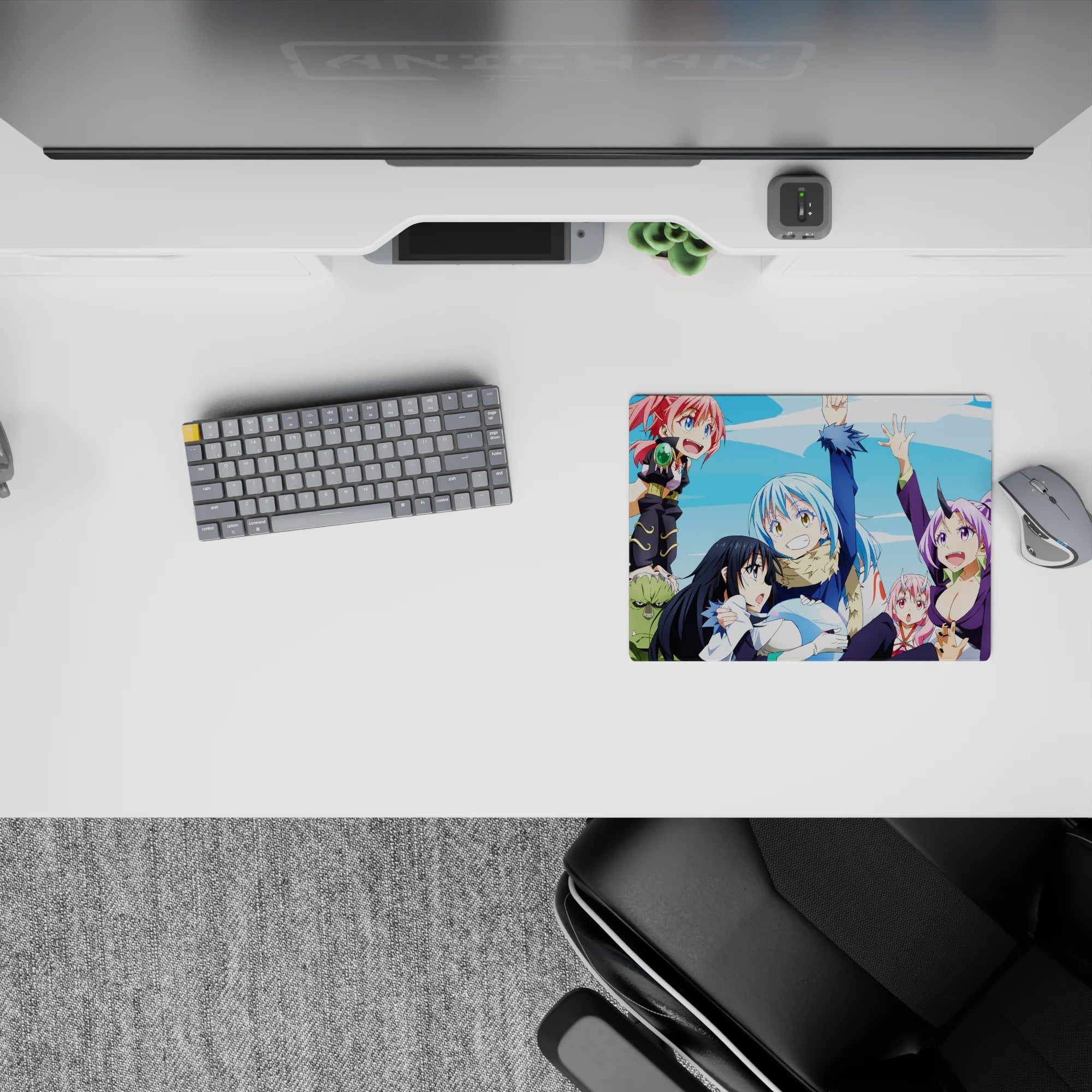Airy sky-blue anime mouse pad 14x10 inches with hot pink hair, purple suit, and sharp armor accents.