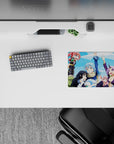 Airy sky-blue anime mouse pad 14x10 inches with hot pink hair, purple suit, and sharp armor accents.