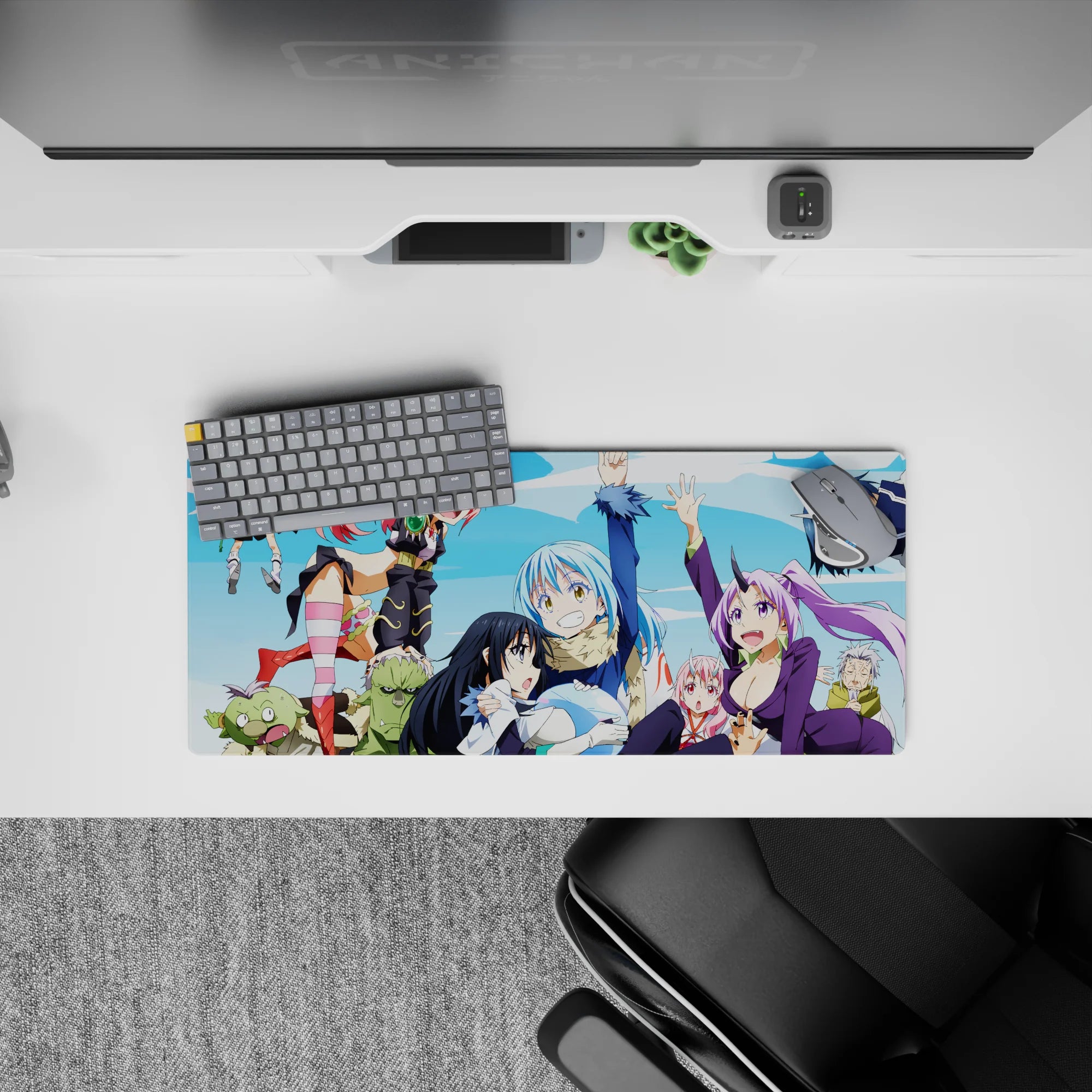 Bright sky blue anime mouse pad 28x12 inches with hot pink hair, purple suit, and sharp armor accents.
