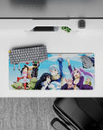 Bright sky blue anime mouse pad 28x12 inches with hot pink hair, purple suit, and sharp armor accents.