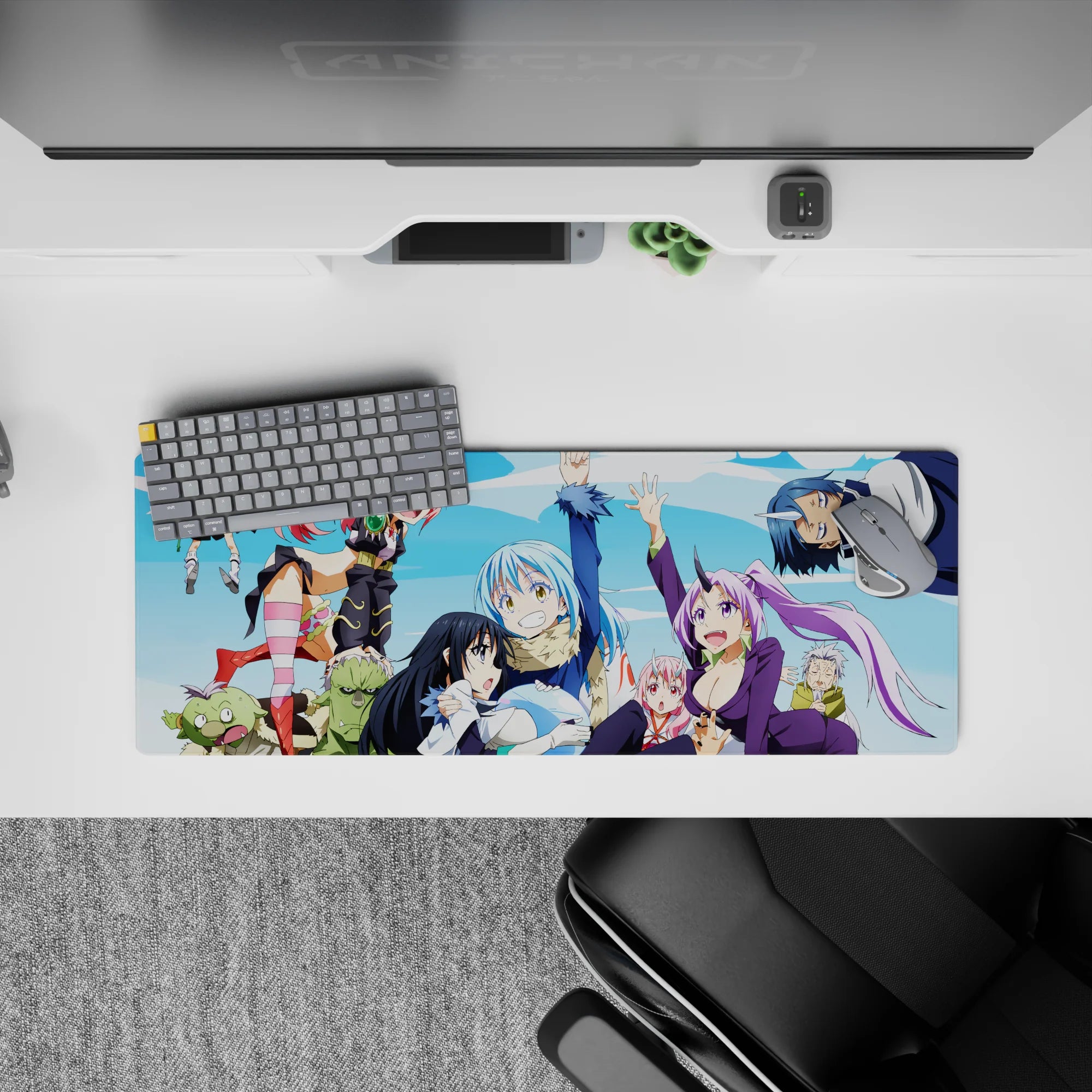 32x12 inches anime mouse pad in sky blue and clouds with hot pink hair and purple suit, playful vibe.