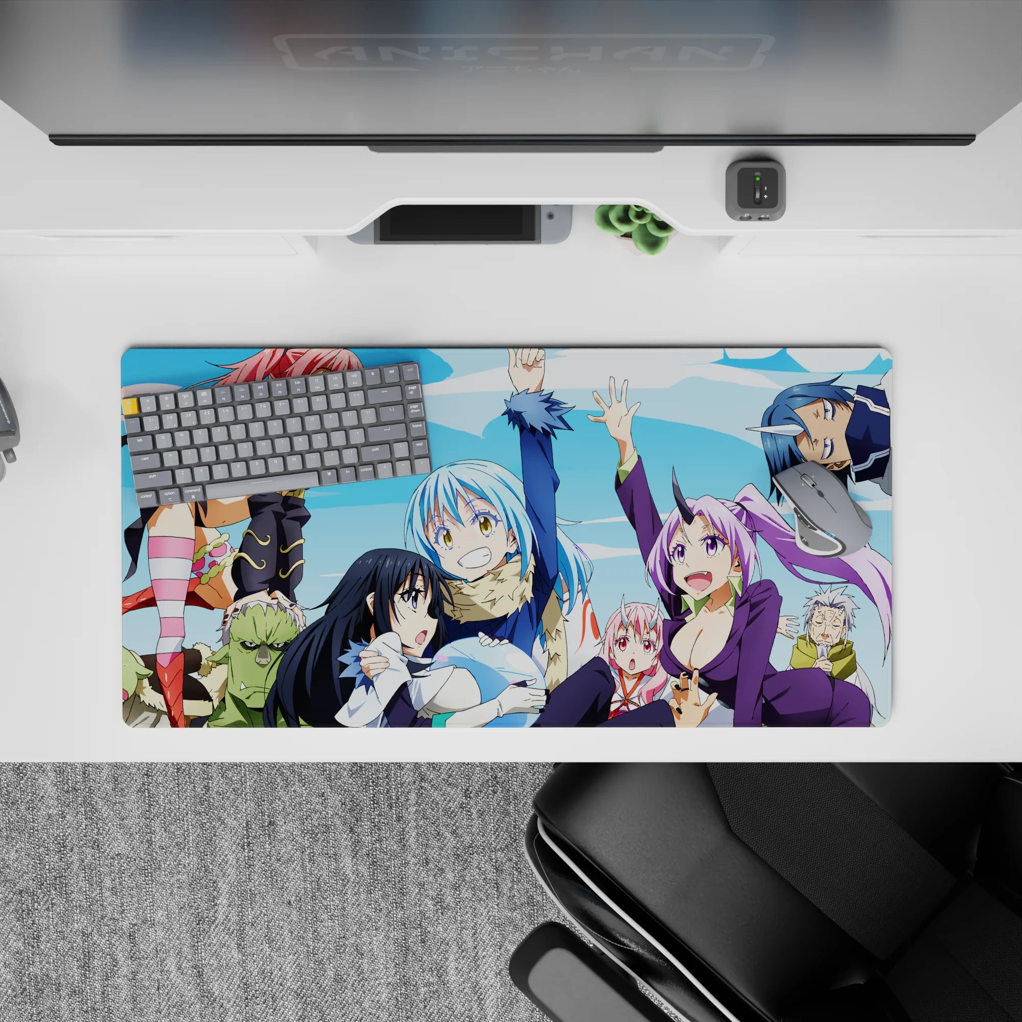 32x16 inches anime mouse pad in bright sky blues with hot pink hair, purple suit, and sharp armor accents.