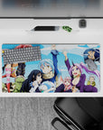 32x16 inches anime mouse pad in bright sky blues with hot pink hair, purple suit, and sharp armor accents.