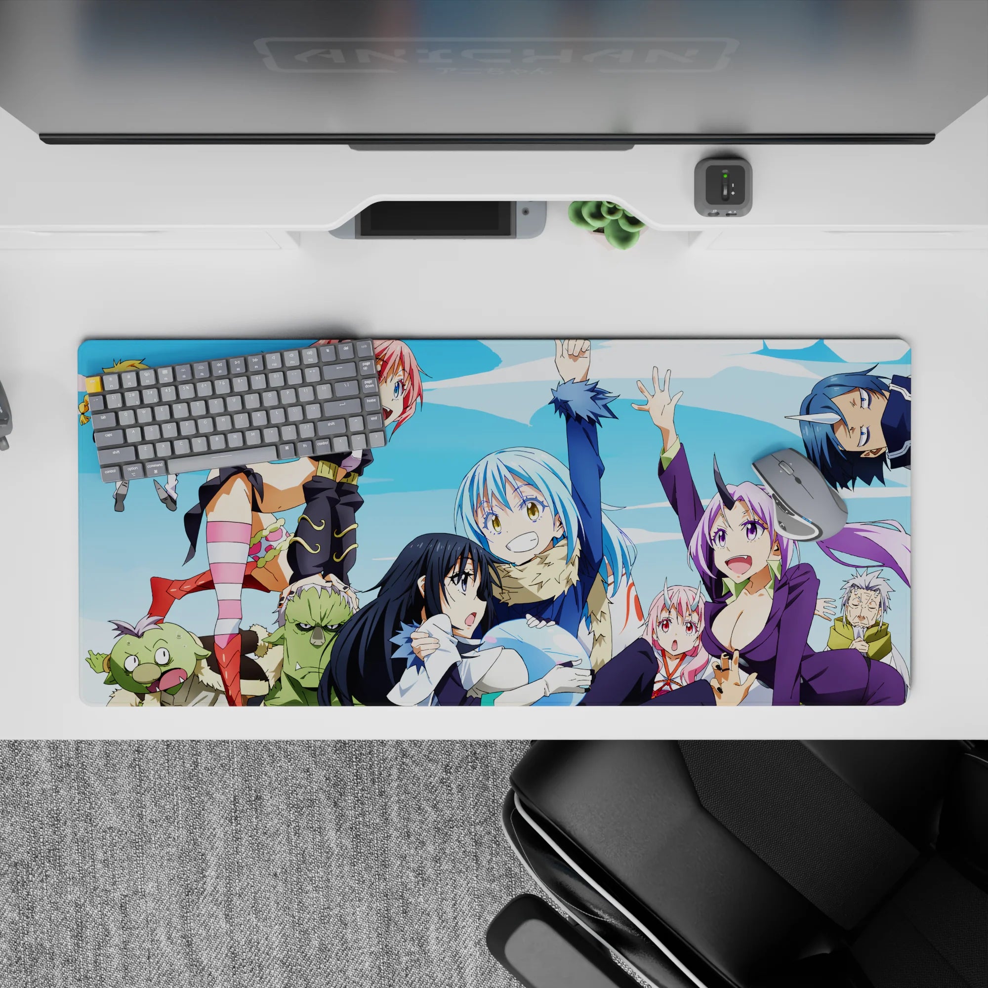 36x16 inches anime desk pad in bright sky blues, crisp clouds, hot pink hair and purple suit pop.