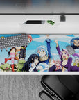 36x16 inches anime desk pad in bright sky blues, crisp clouds, hot pink hair and purple suit pop.