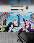 40x20 inches anime desk pad in airy sky blues with hot pink hair, purple suit, and sharp armor accents.