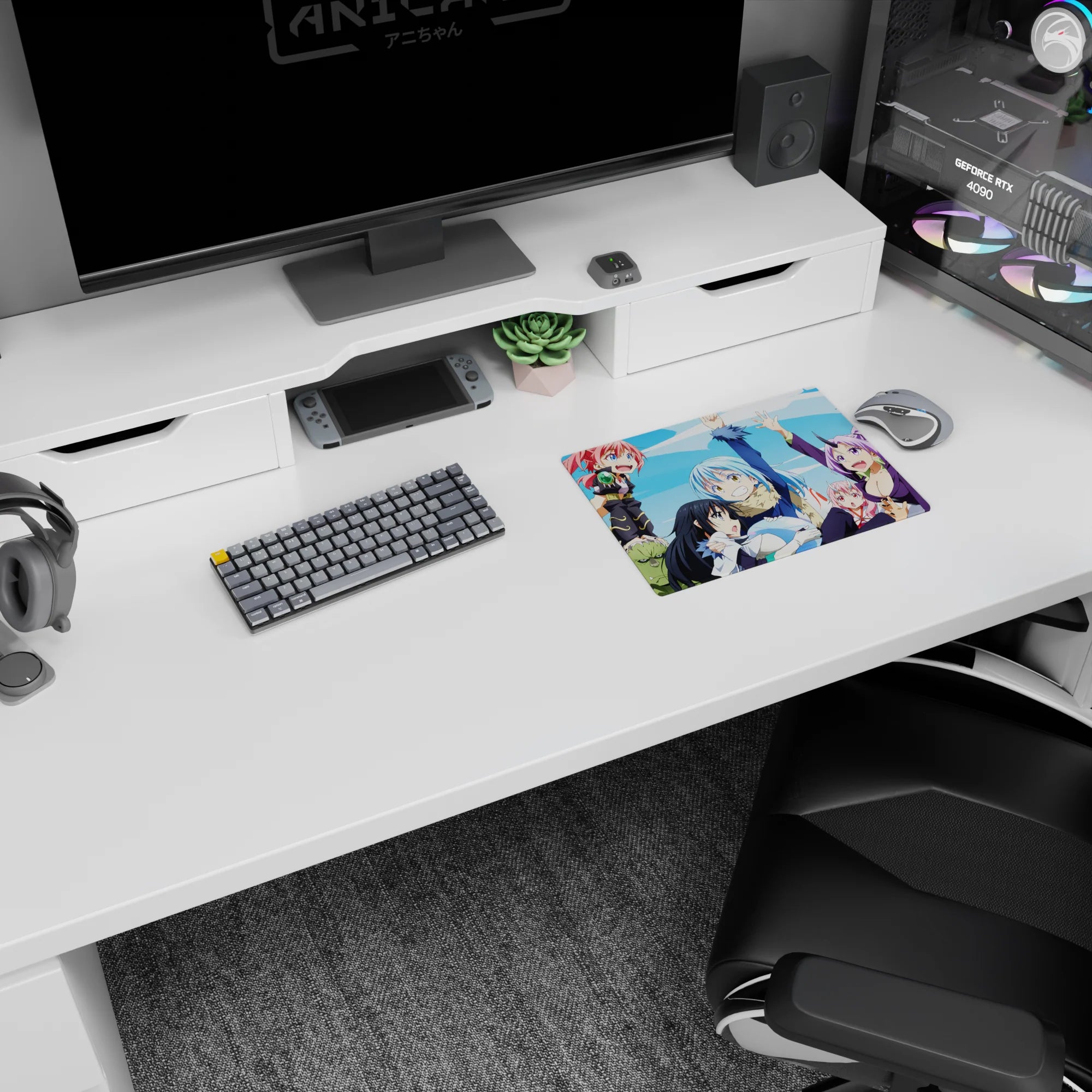 Rimuru Tempest grinning with hand raised on a 14x10 inches classic anime mouse pad, Shion and Shuna close.