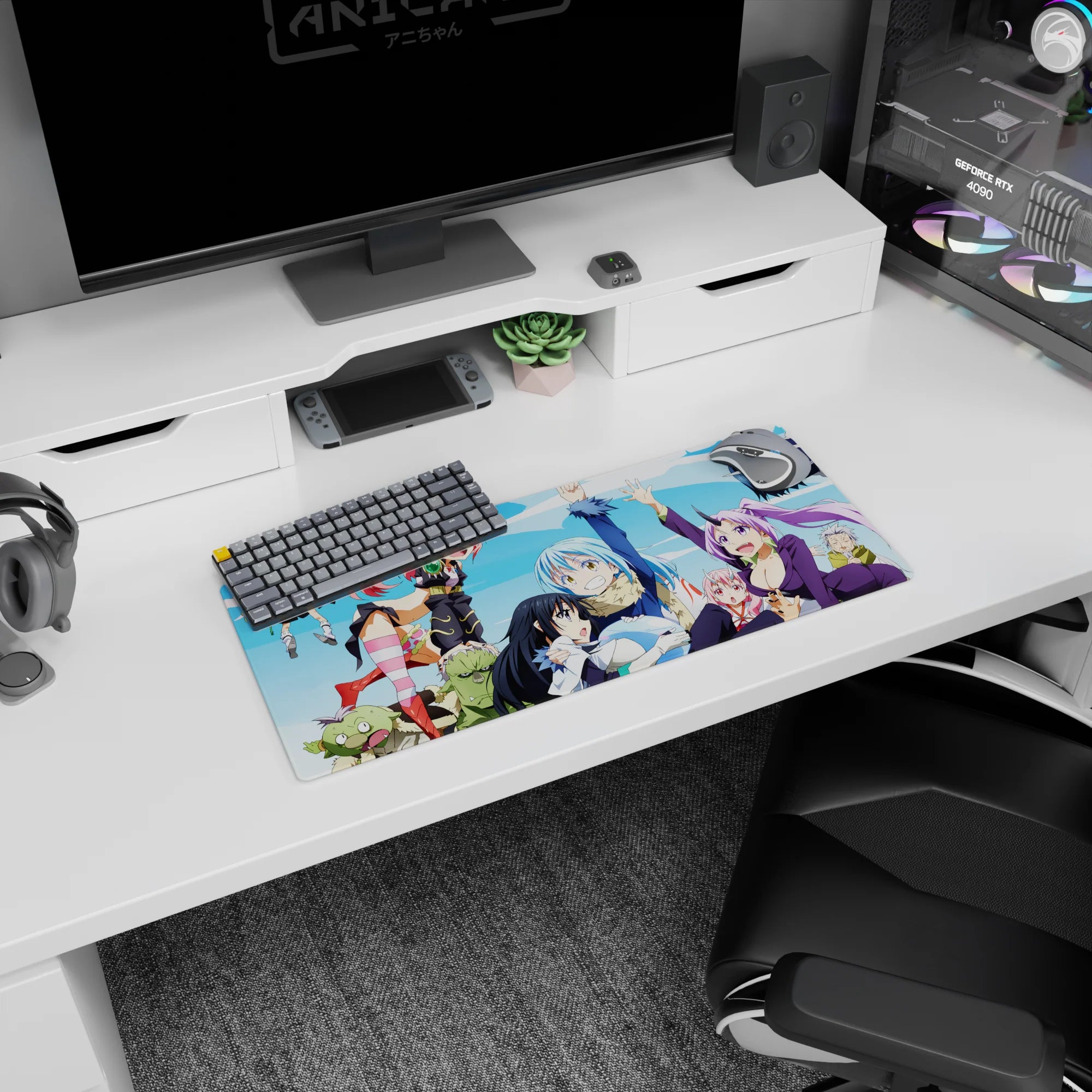 Rimuru Tempest grinning with Shion and Shuna in a chaotic crowd shot anime mouse pad 28x12 inches.