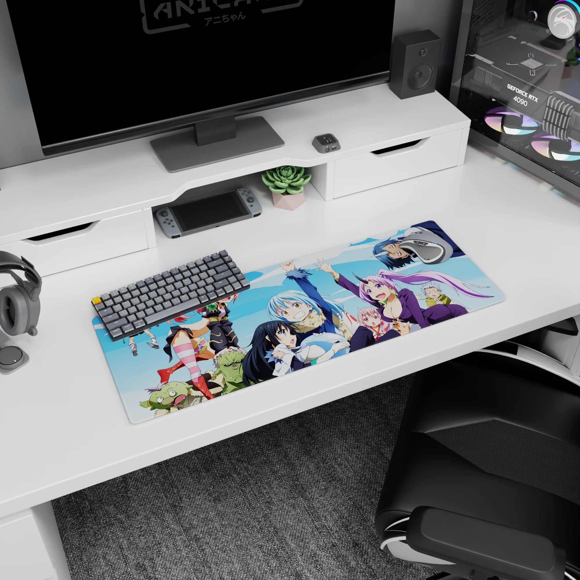 32x12 inches anime mouse pad featuring Rimuru Tempest grinning with Shion and Shuna crowding in close.