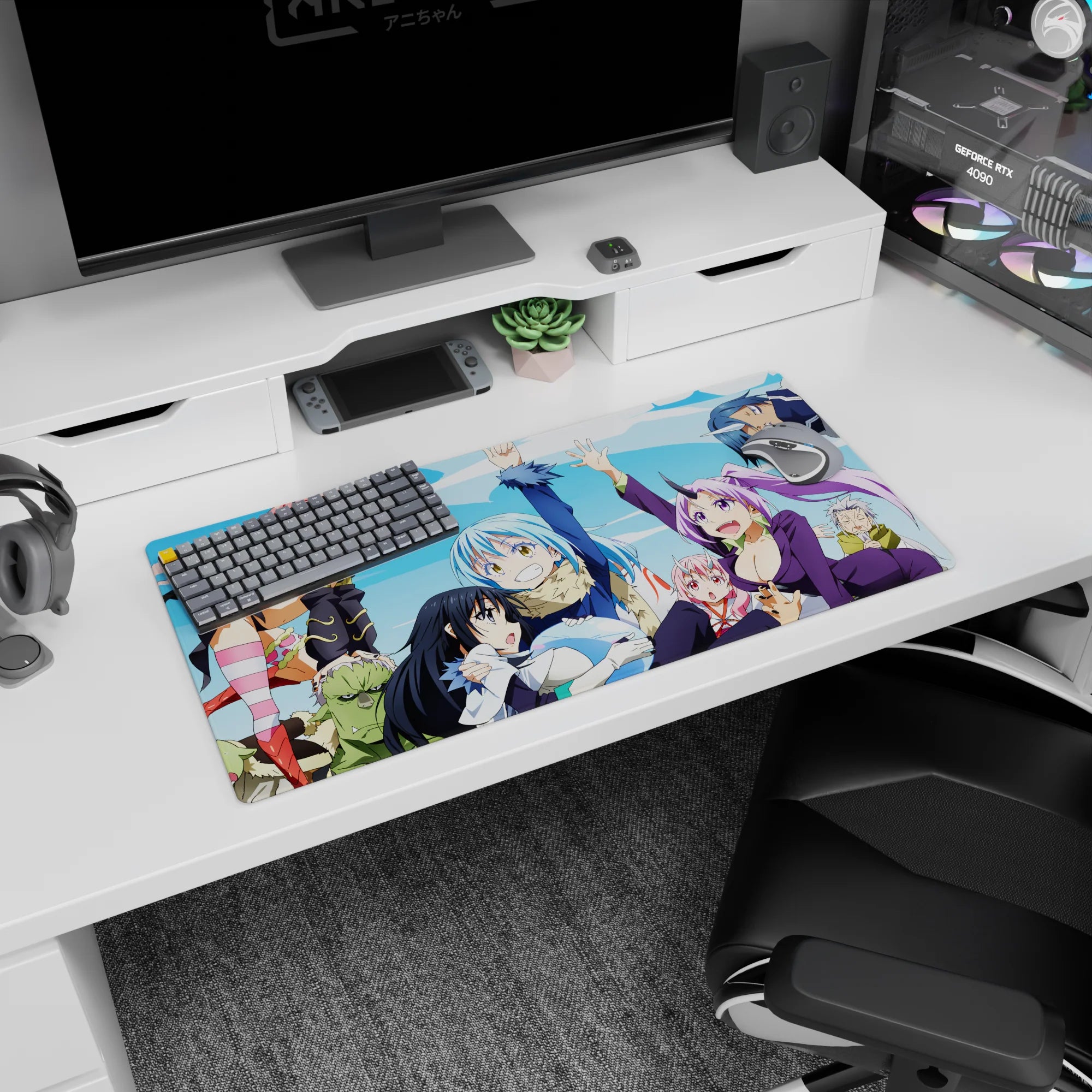 32x16 inches anime mouse pad showing Rimuru grinning with hand raised as Shion and Shuna crowd in.