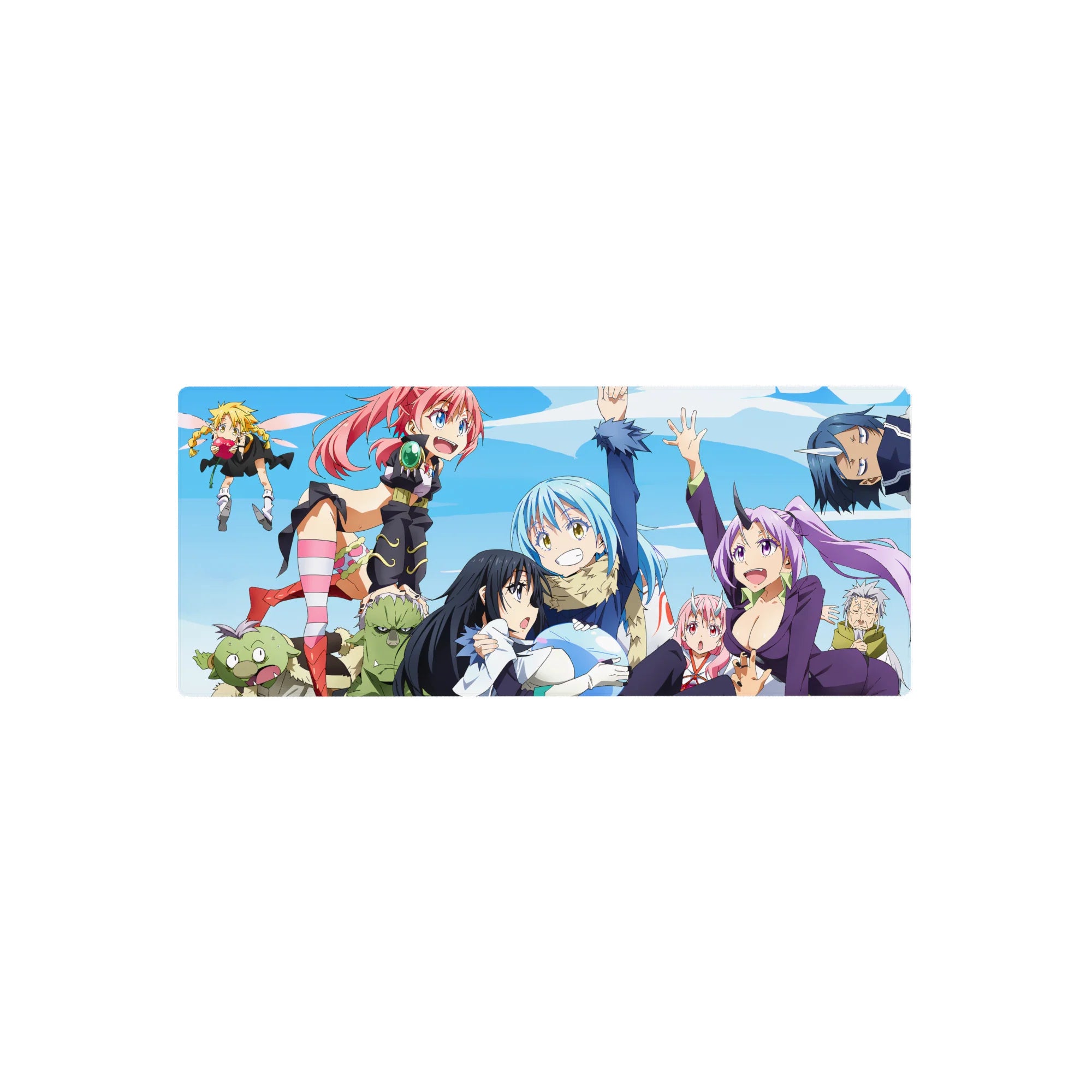 Group photo anime mouse pad 28x12 inches with Rimuru, Shion, Shuna, and Gobta in a sky backdrop.