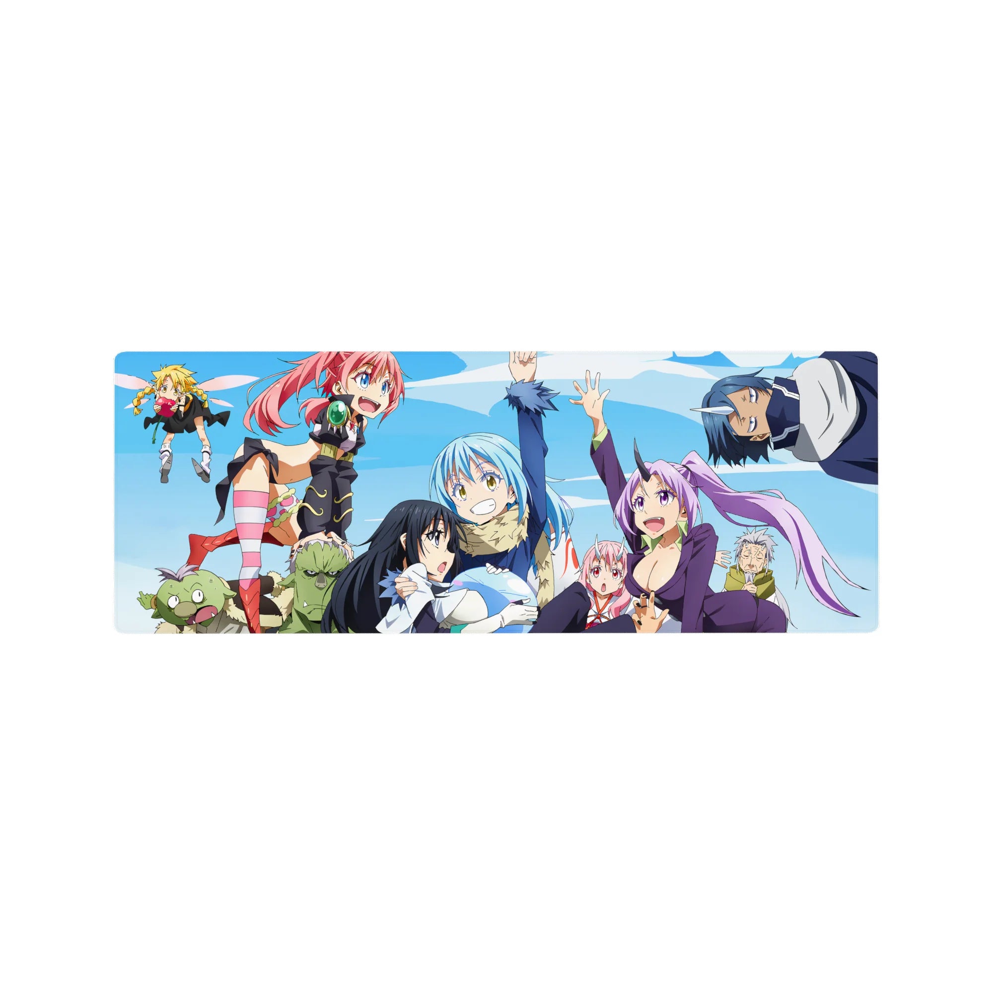 32x12 inches anime mouse pad with Rimuru, Shion, Shuna and Gobta in a chaotic group photo scene.