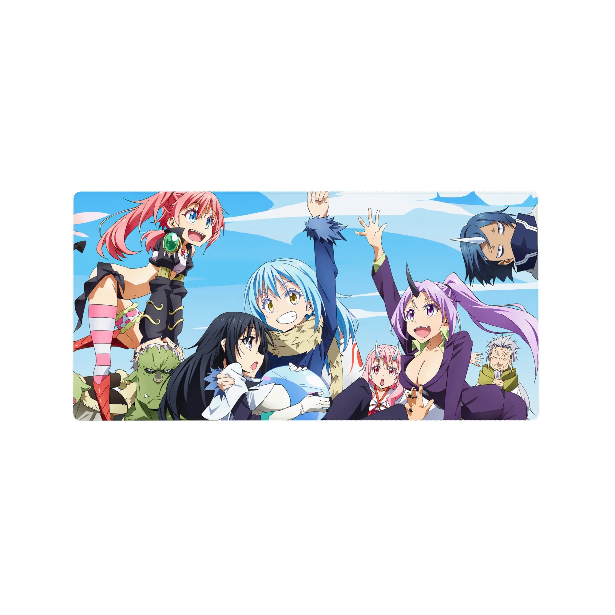 32x16 inches anime mouse pad with Rimuru, Shion, Shuna and Gobta in a playful group photo sky scene.