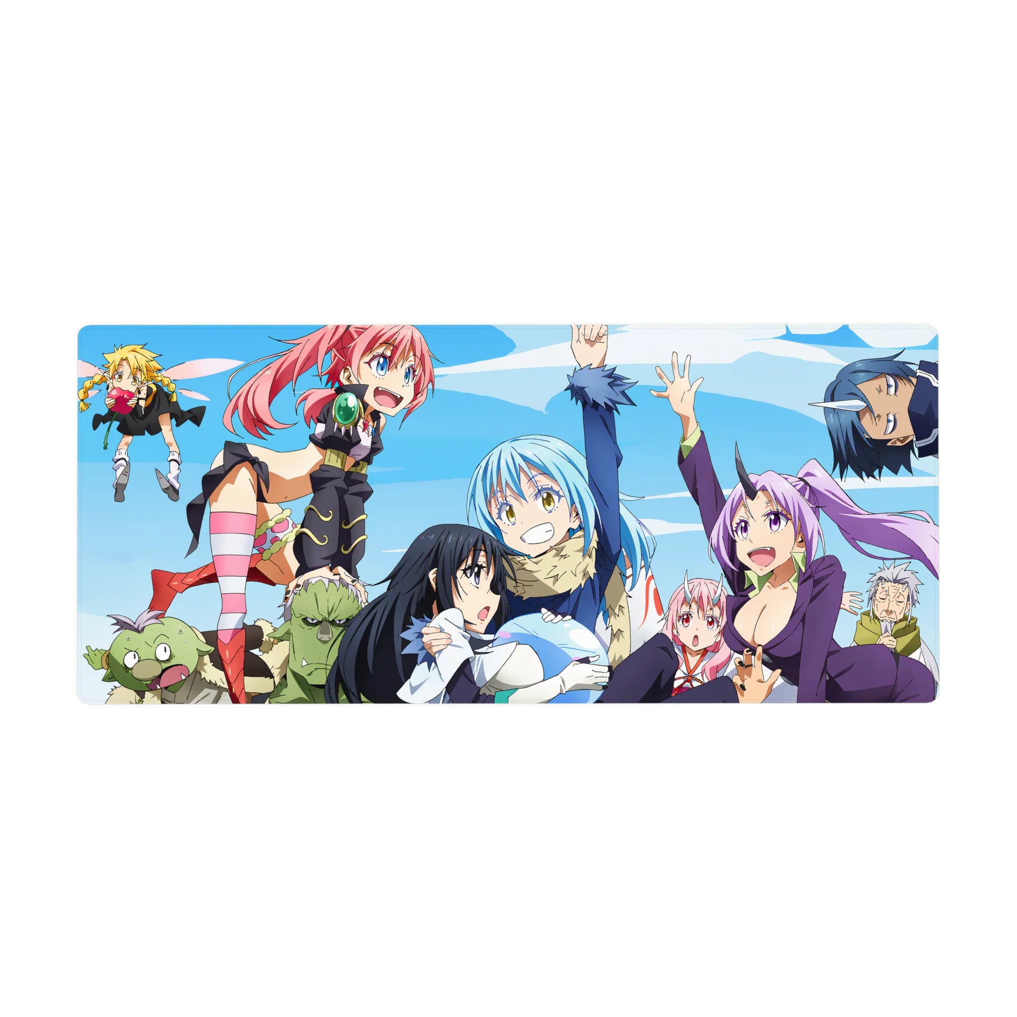 36x16 inches anime desk pad with Rimuru, Shion, Shuna and Gobta in a lively group photo scene.